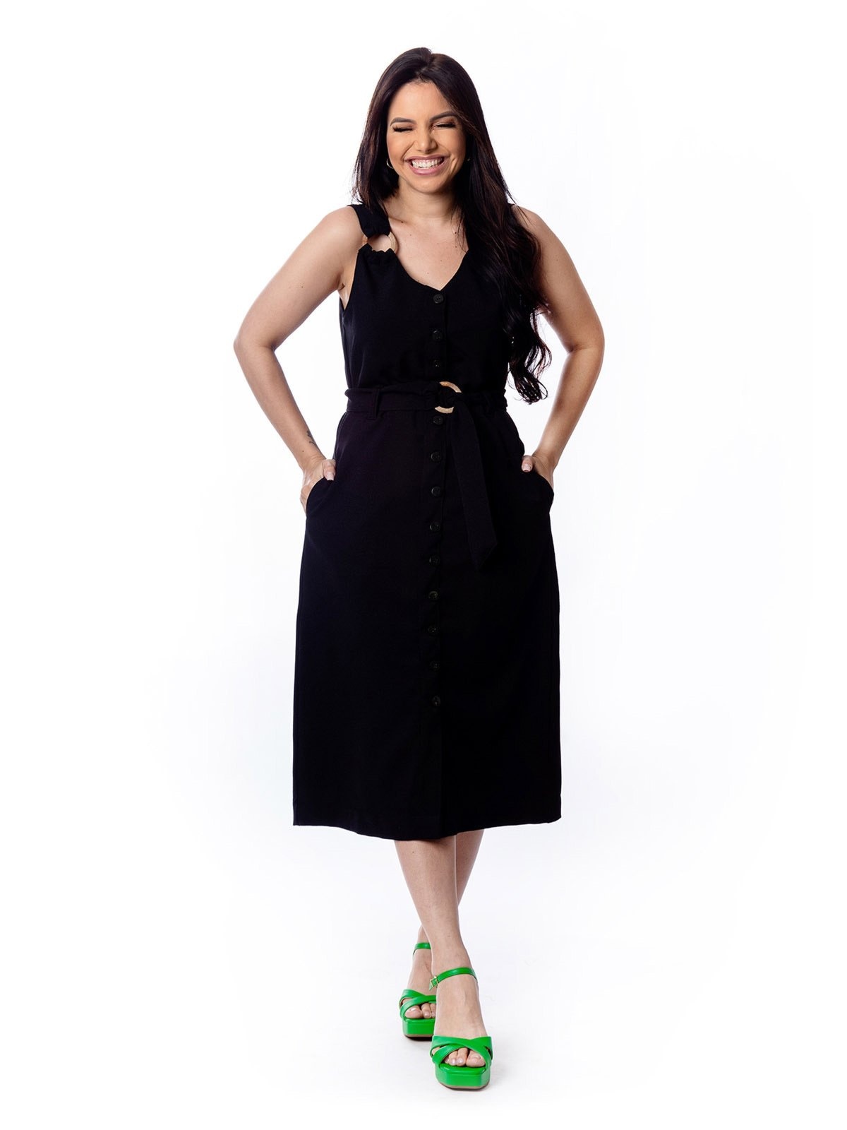 Imagem principal Vestido Midi Restrito Jeans Com Cinto e Argola Restrito Jeans preto