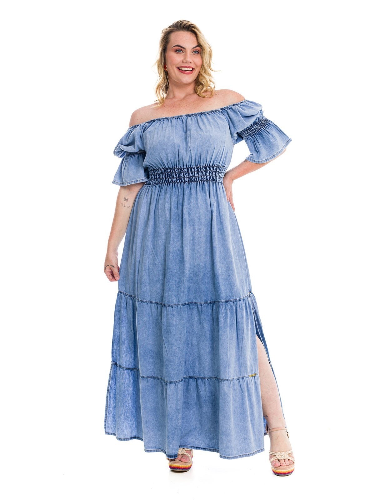 Imagem principal Vestido Longo Restrito Jeans Ciganinha Com Lastex e Fenda MÉDIO Restrito Jeans azul