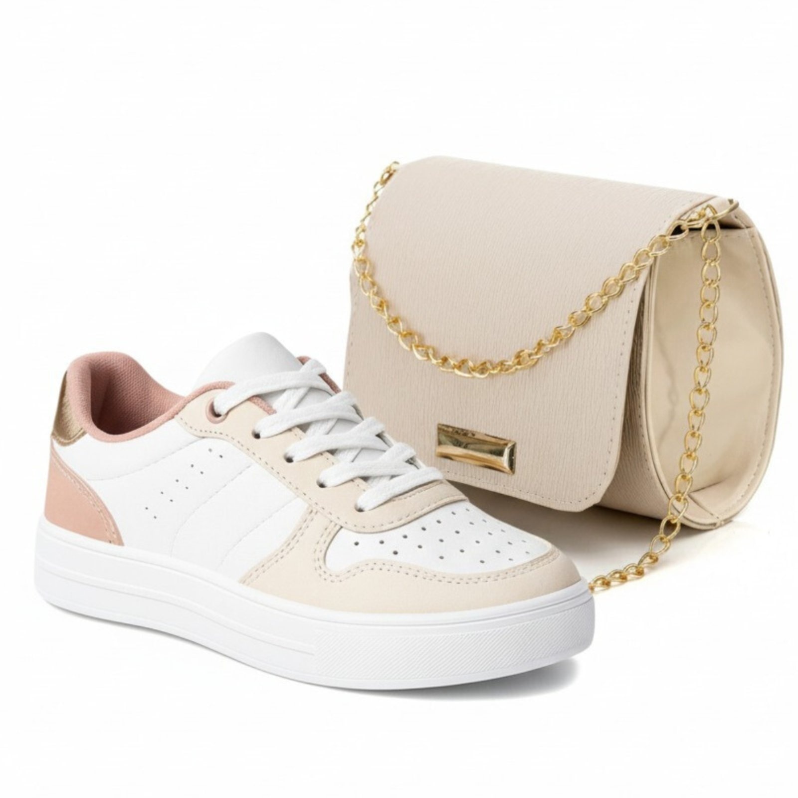 Imagem principal Tênis Sneakers Feminino Retrô Conforto Diário com Bolsa Off-White Moda Atemporal Sapatofran branco/dourado/rosê white