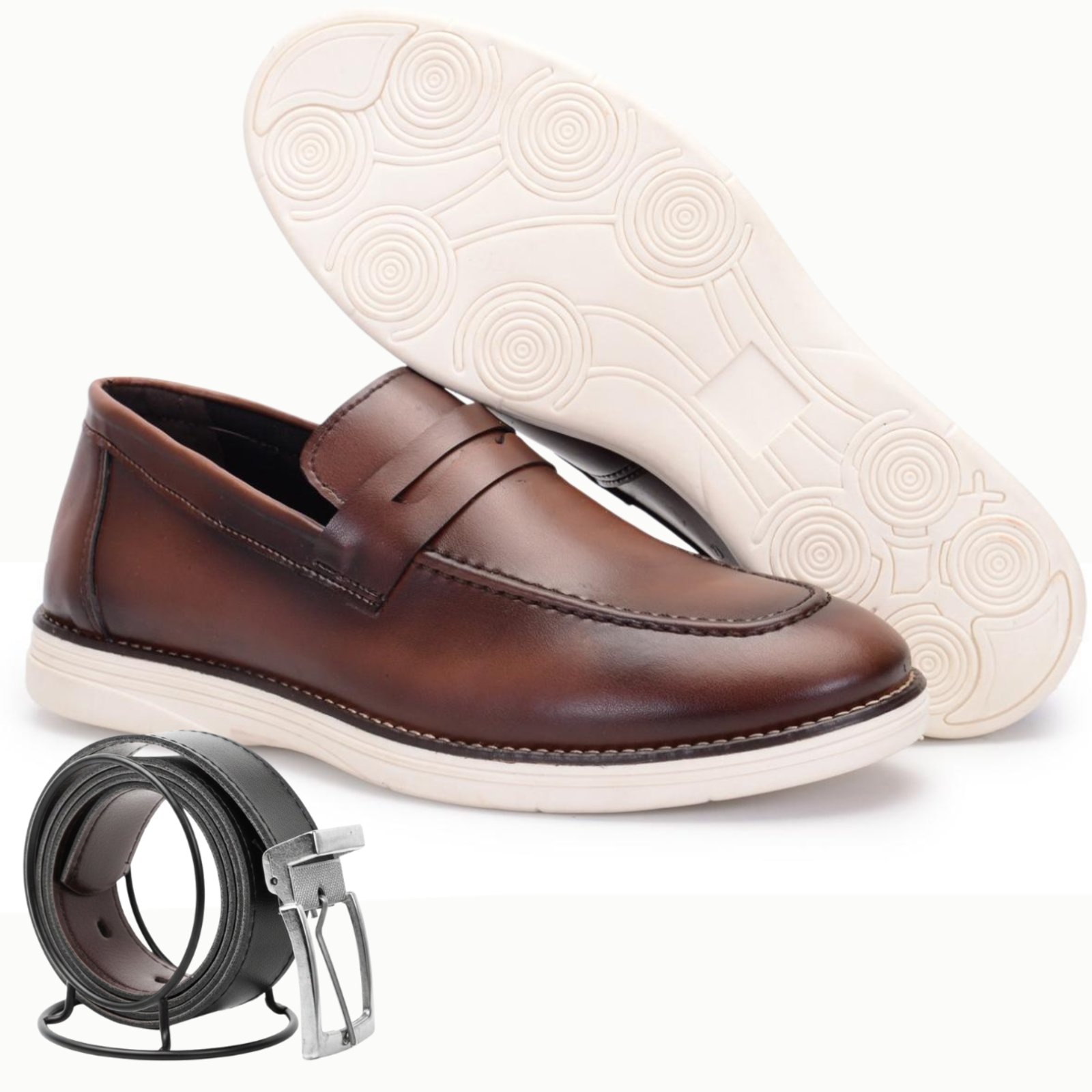 Imagem principal Kit Mocassim Masculino Sapatofran Couro Calce Fácil e Cinto Dupla Face Café Sapatofran preto