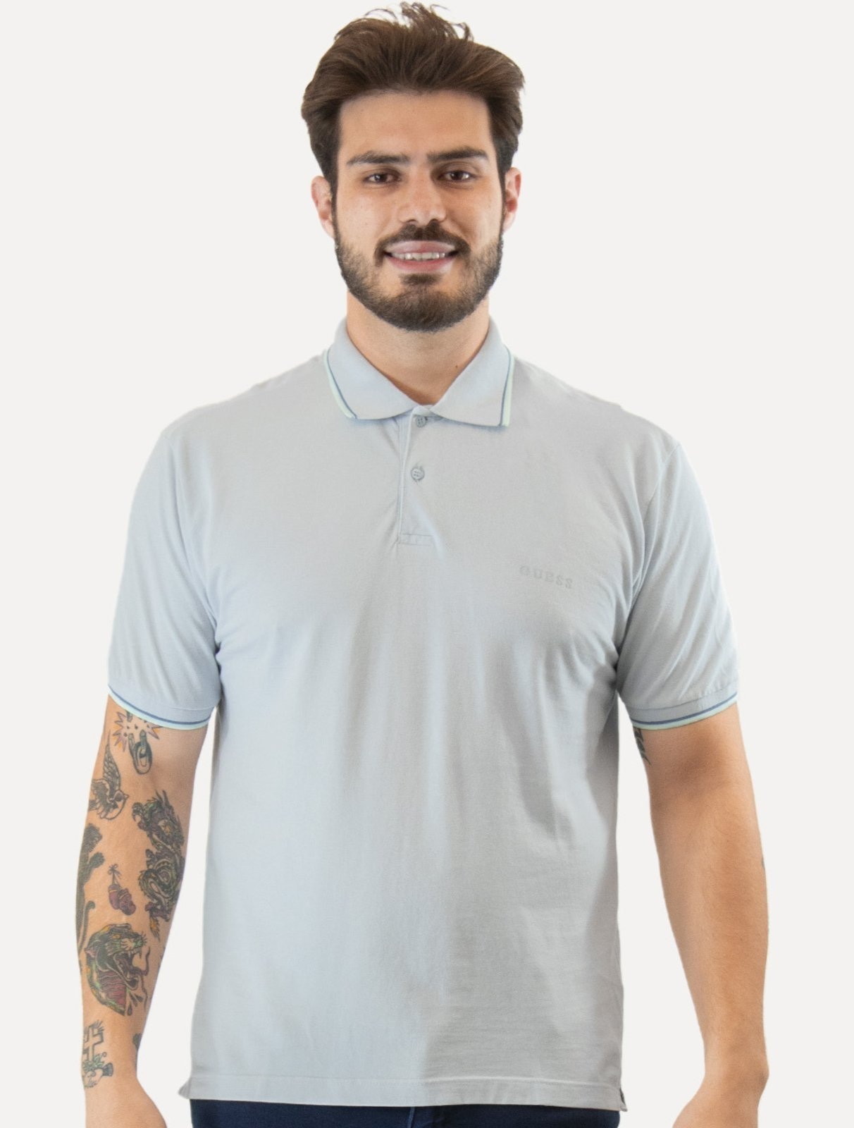 Imagem principal Polo Guess Masculina Piquet Frieze Logo Relief Claro Guess azul