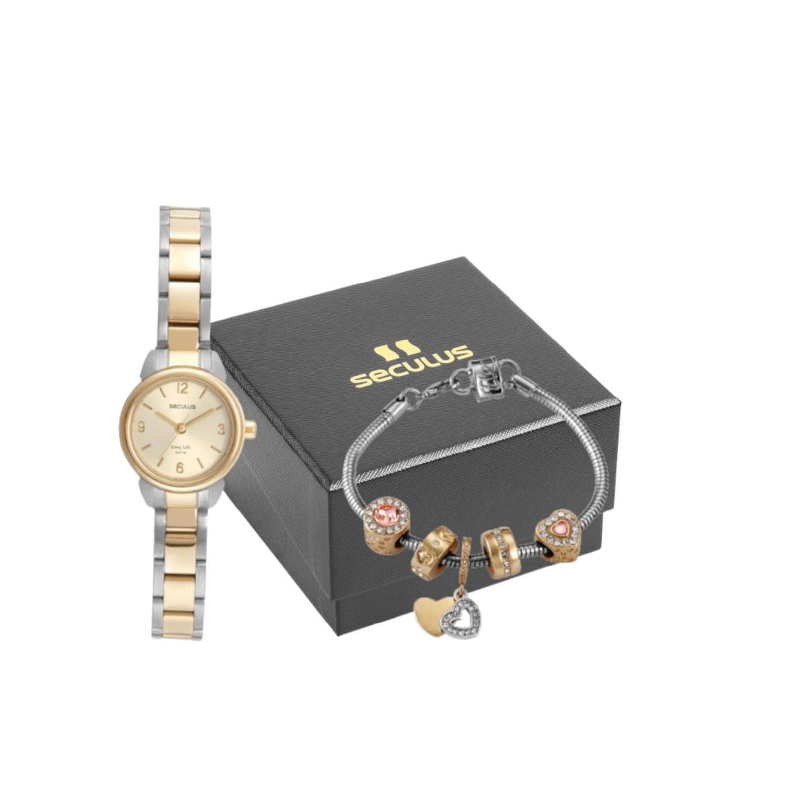 Imagem principal Kit Relógio Feminino Clássico Bicolor Com Pulseira Berloques Seculus prata