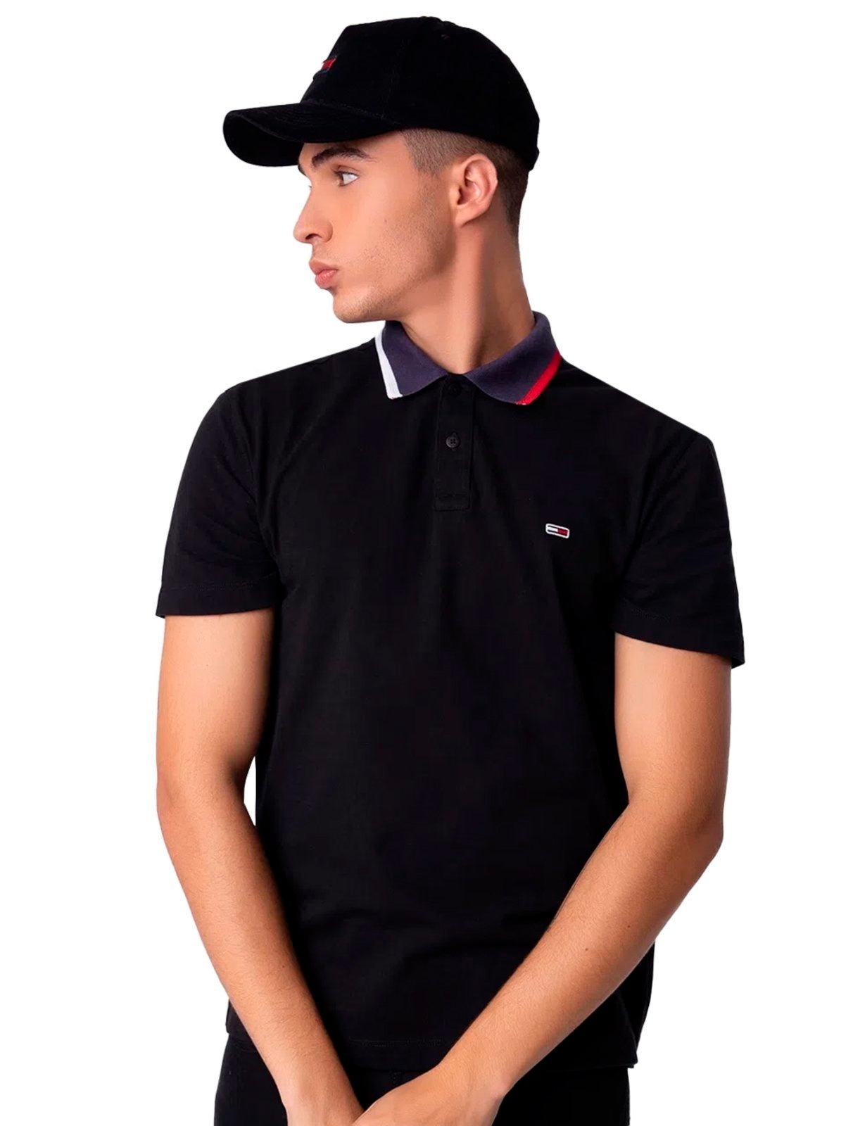 Imagem principal Polo Tommy Jeans Masculina Regular Flag Neck Preta Tommy Jeans multicolorido