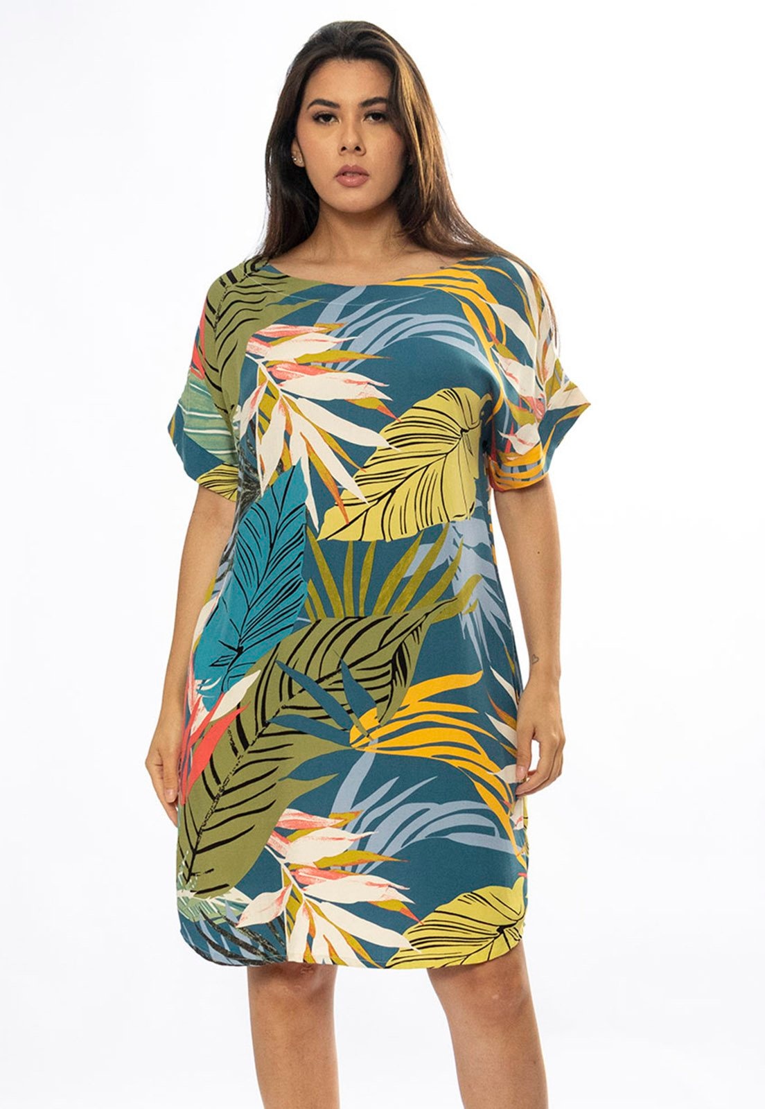 Imagem principal Vestido Curto Cabanafree Viscose com Bolso Estampa Brisa Botânica Cabanafree amarelo/estampado/verde