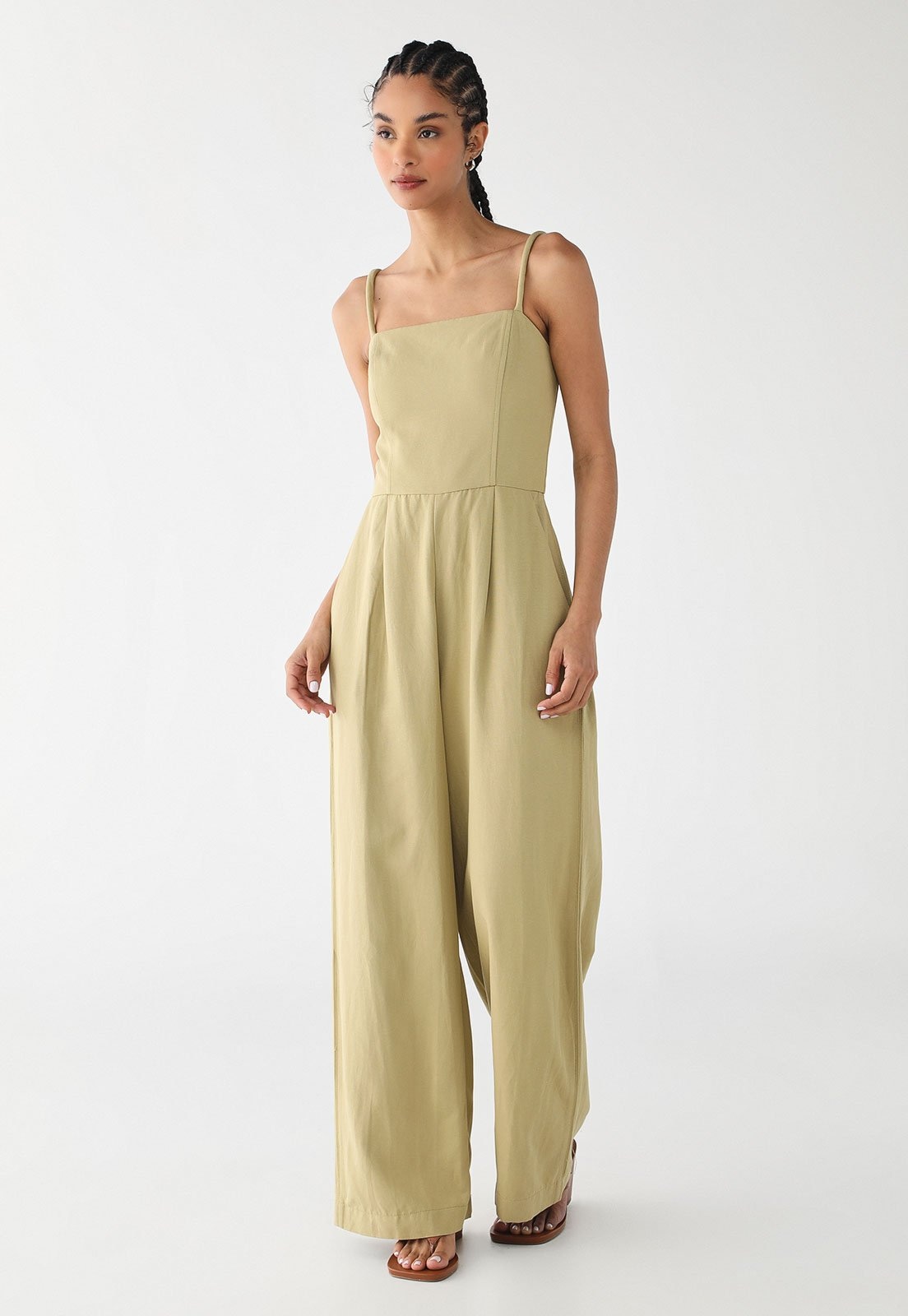 Imagem principal Macacão Feminino Cantão Alfaiataria Linho Caqui Cantão bege caqui