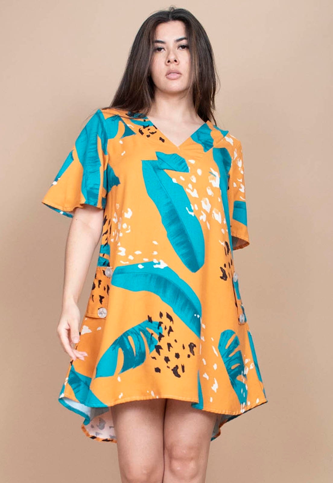 Imagem principal Vestido Cabanafree Curto Pataxô Viscose Mullet Decote V Estampa Aurora Botânica Cabanafree azul/estampado/preto