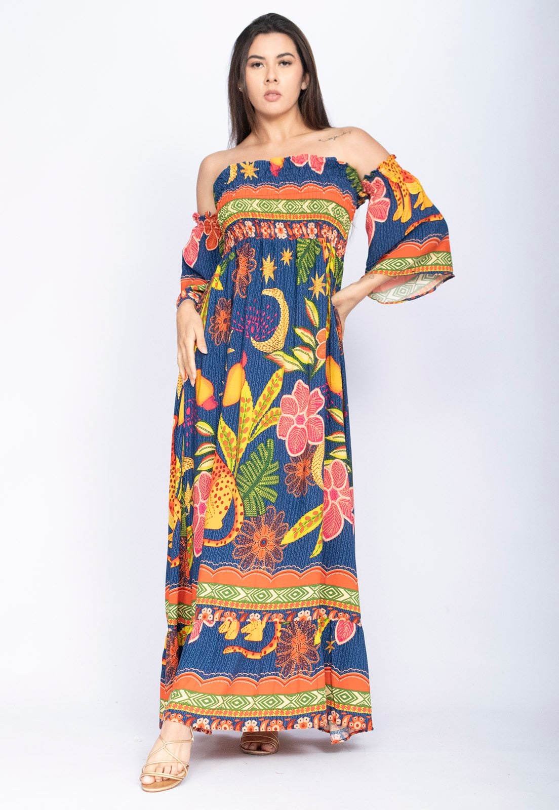 Imagem principal Vestido Amazonia Vital Longo Ciganinha Jaguá Amazonia Vital azul/estampado