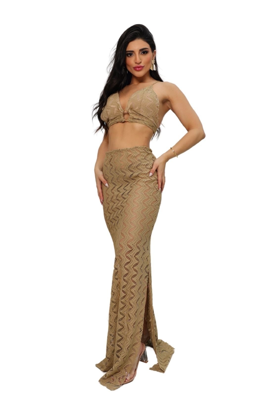 Imagem principal Conjunto Renda Saia Longa e Top Alcinha Com Hot Panties Sampaio Nude Cia do Vestido bege nude