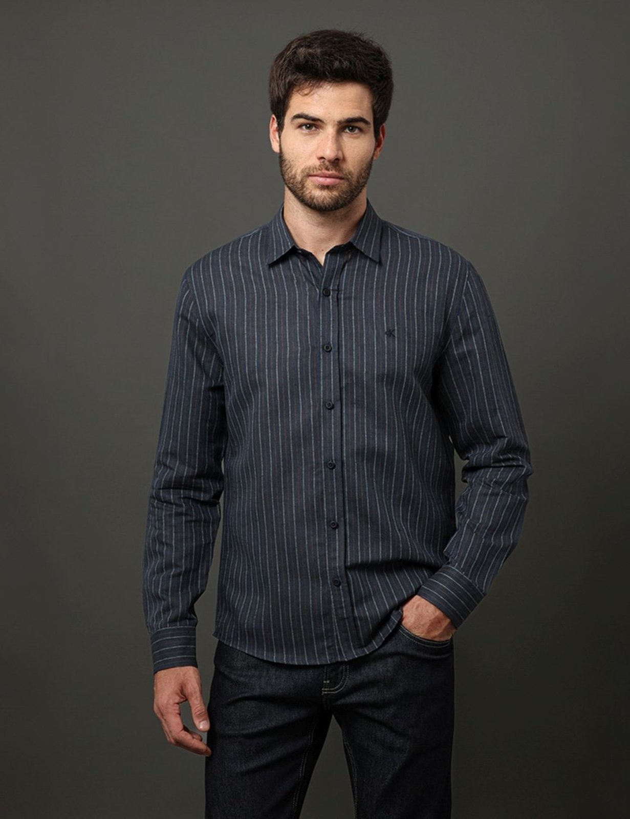 Imagem principal Camisa Masculina Linen Stripes Calvin Klein Jeans - Marinho Calvin Klein Jeans azul marinho