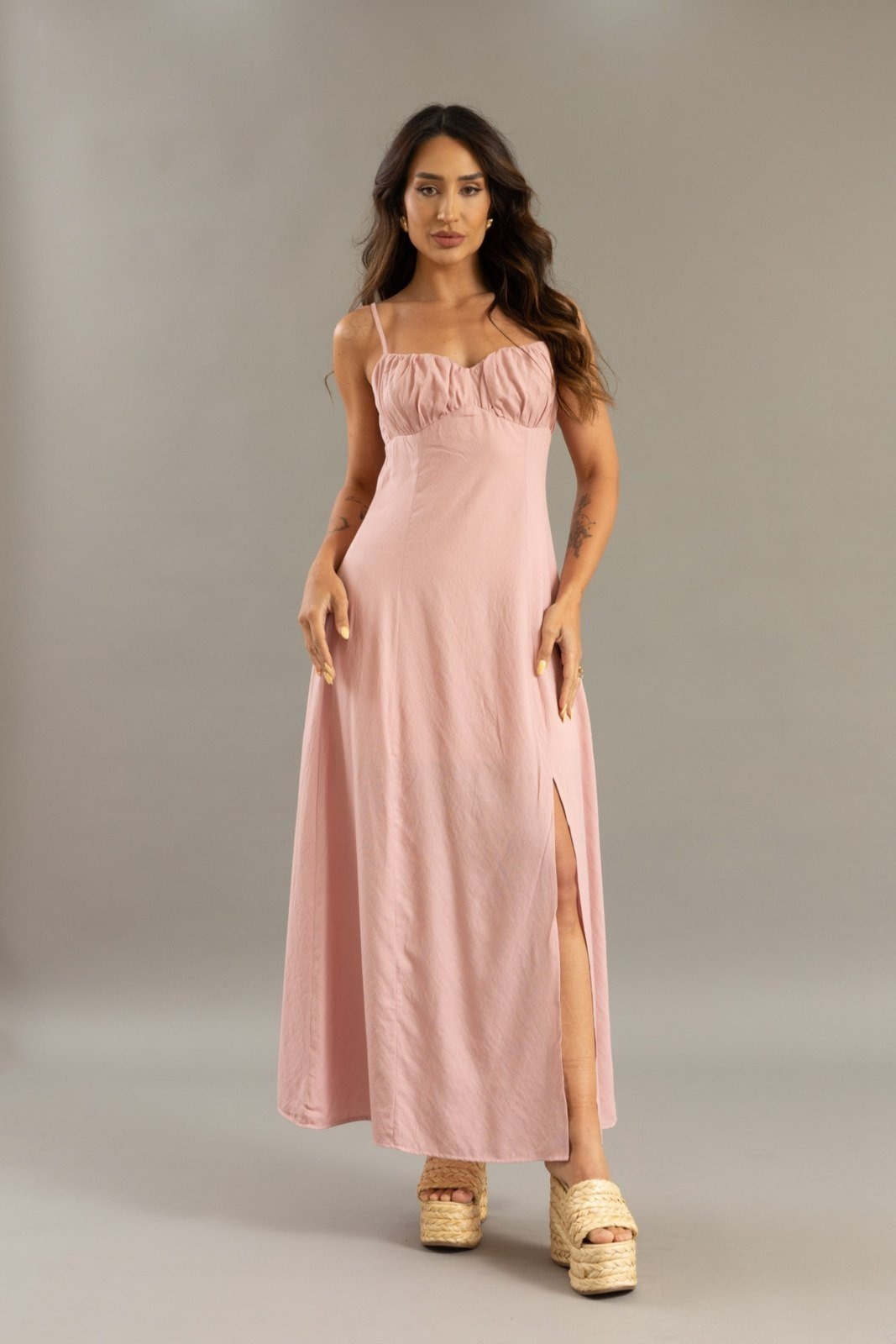 Imagem principal Vestido Longo com Busto Franzido e Fenda Lateral Lemier Collection LEMIER rosa