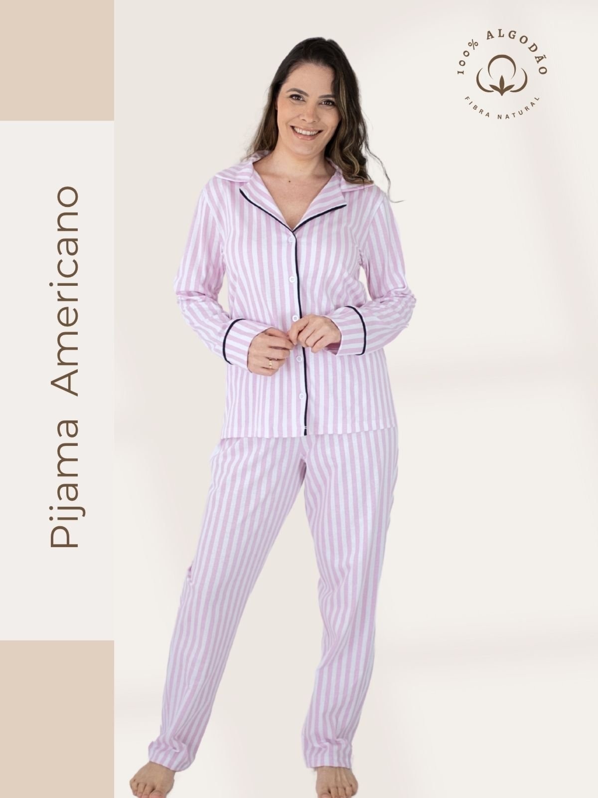 Imagem principal Pijama Algodão Americano Feminino Longo Piante Amanda Listrado Piante rosa