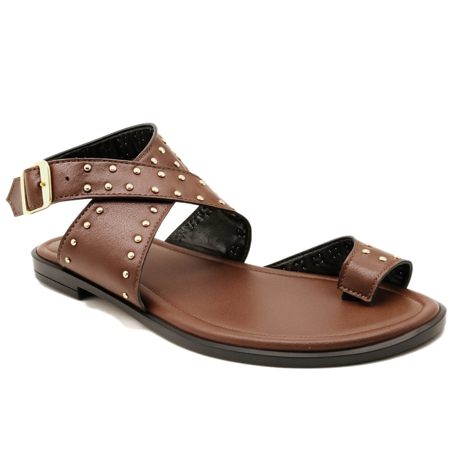 Imagem principal Rasteira Feminina Tiras Cruzadas com Fivela e Tachas Papete Confortável Verão Cacau 300 Flor da Pele marrom