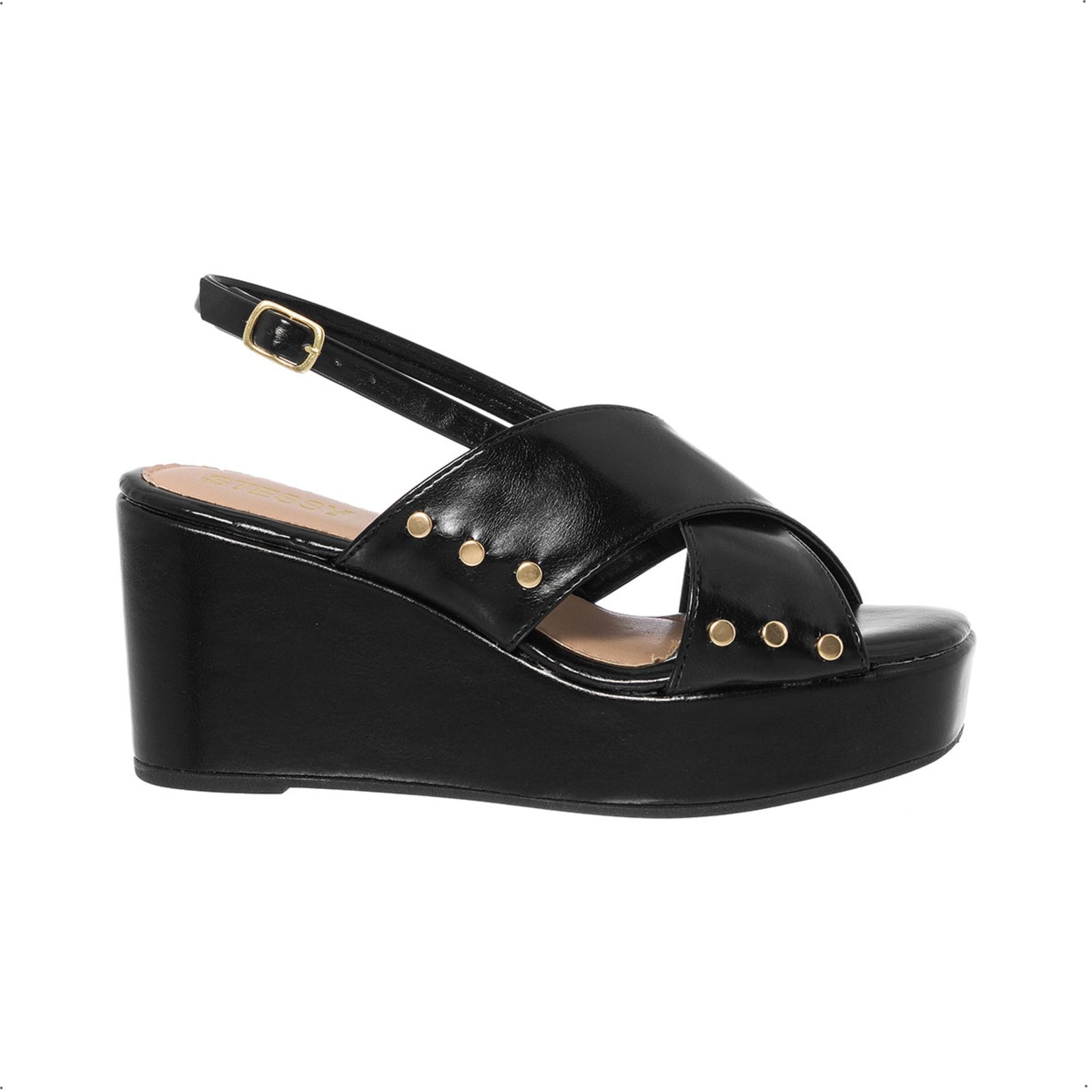 Imagem principal Sandália Feminina Anabela Plataforma Salto Alto Tachas Em X Confortável Stessy Shoes preto