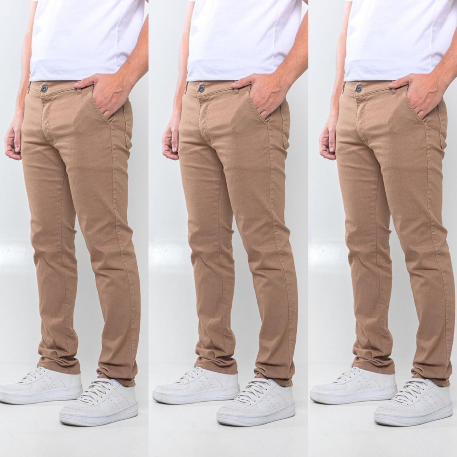 Imagem principal KIT 3 Calças Sarja Masculina Tempo Hábil Alfaiatada Skinny Caqui 5 Estilo cáqui caqui