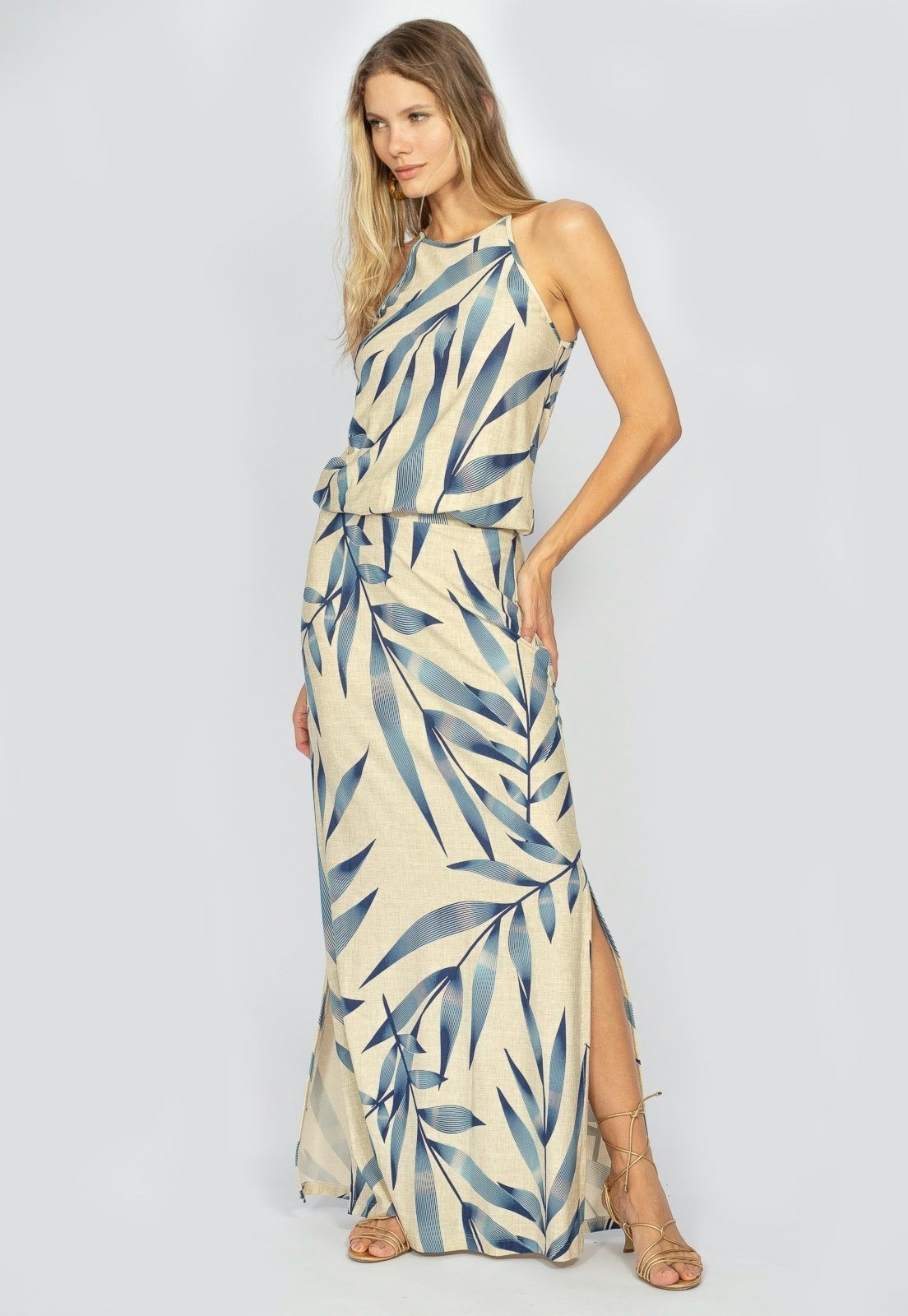 Imagem principal Vestido Longo Amazonia Vital Malha Trapézio com Elástico na Cintura Bambu Amazonia Vital azul/estampado/azul