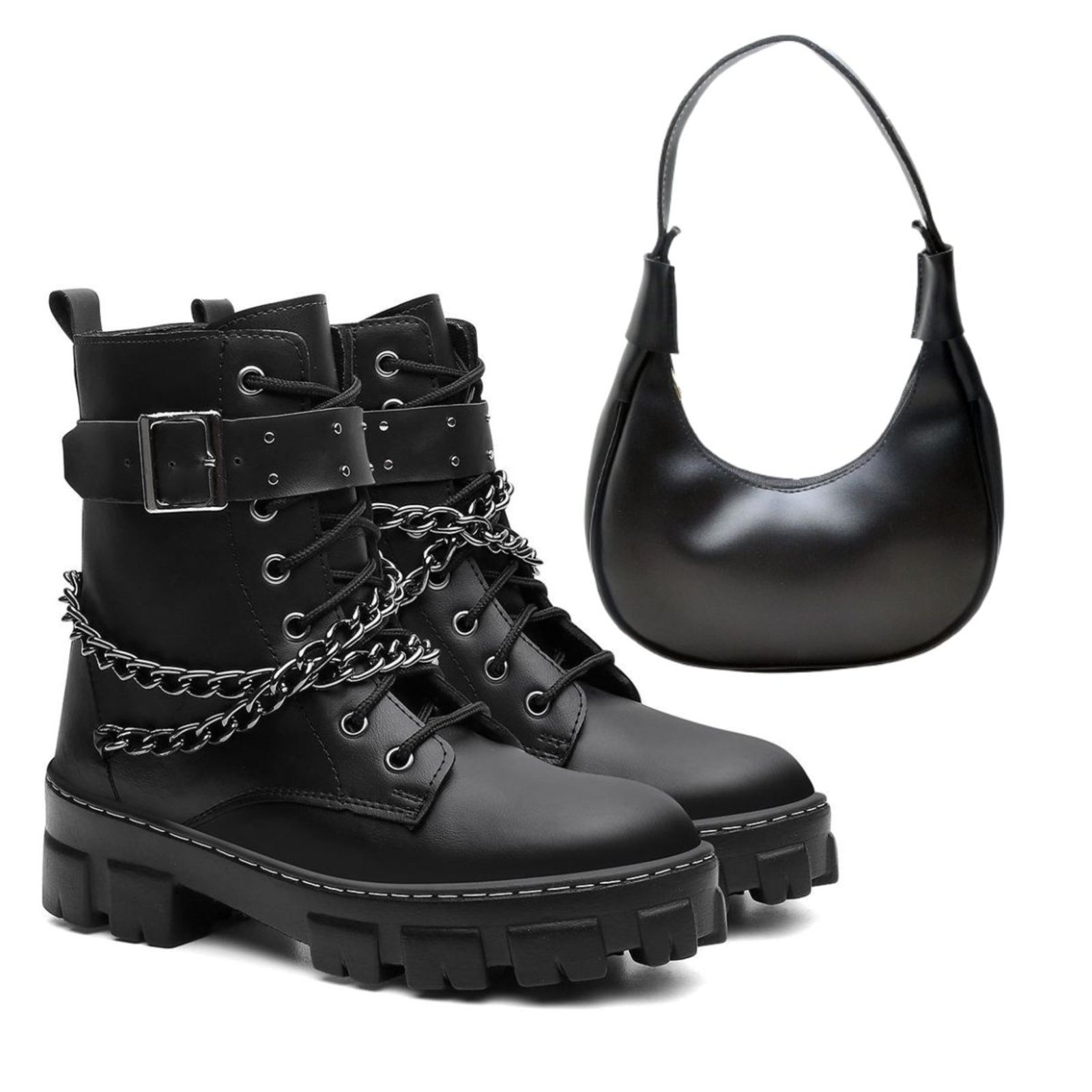 Imagem principal Kit Bota Feminina Coturno Anna Andrade Tratorado Casual Cano Baixo Corrente Tendência e Bolsa Anna Andrade preto
