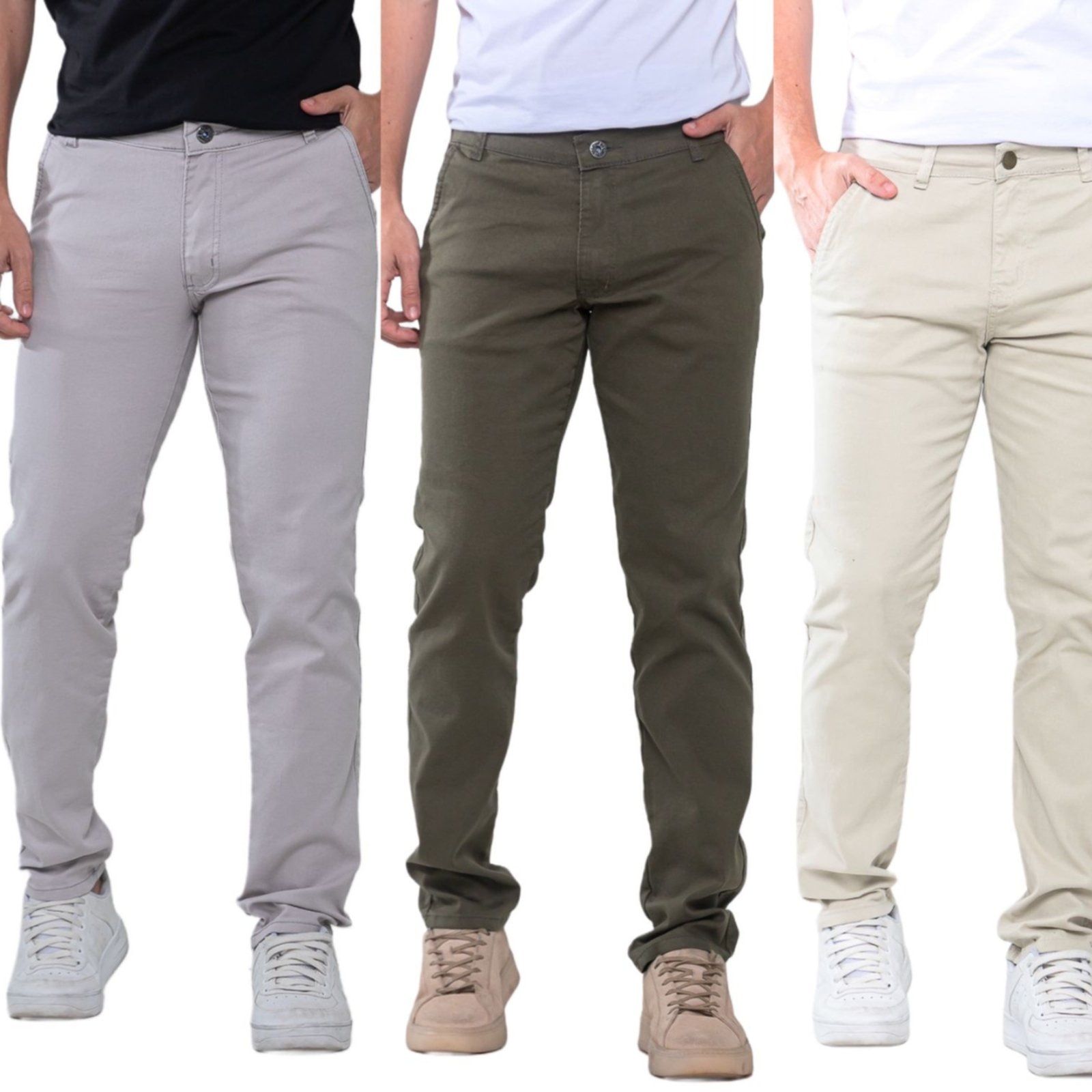 Imagem principal Kit 3 Calças Sarja Masculina KOVALI Skinny Casual Premium Confortável com Elastano e Verde KOVALI FASHION STORE cinza/verde verde