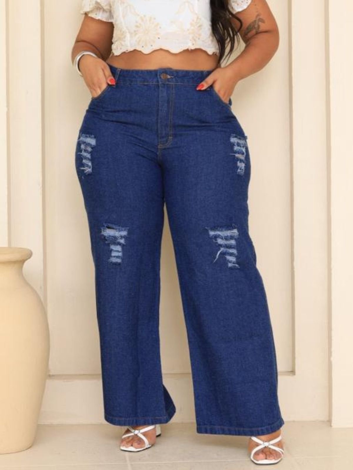 Imagem principal Calça Donna De Paula Wide Leg Jeans Escuro Com Rasgos Plus Size Cintura Alta Feminina Donna de Paula azul