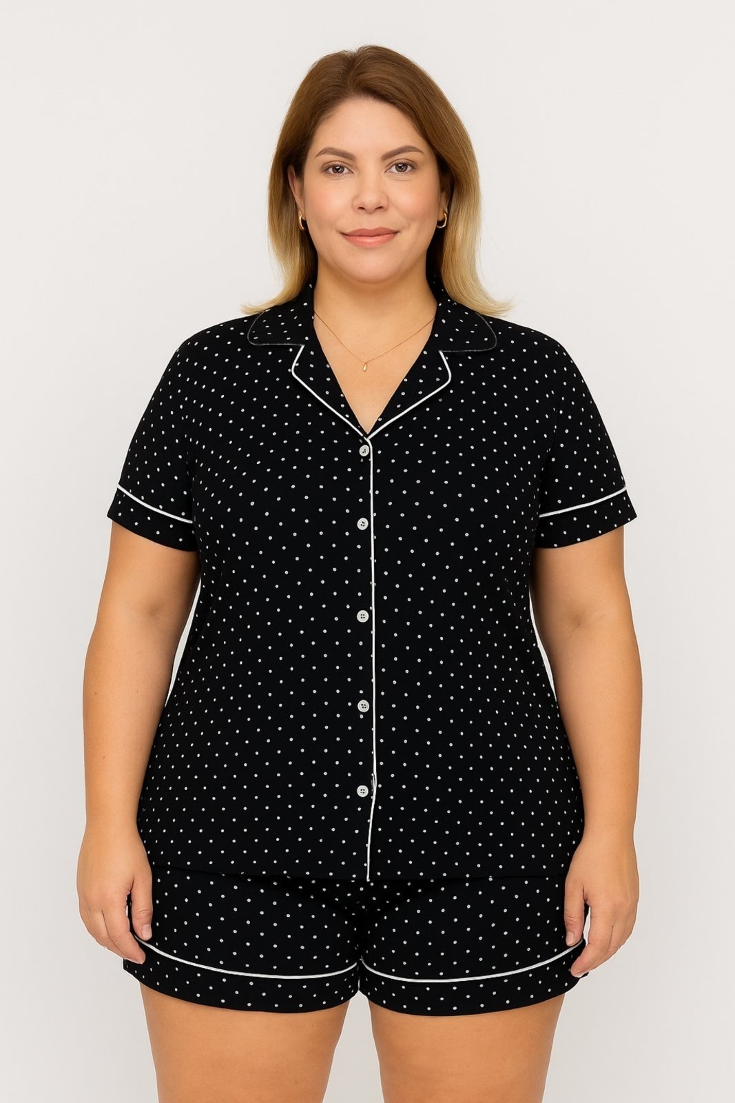 Imagem principal Pijama Algodão Plus Size Americano Curto Flávia - Poá Piante preto
