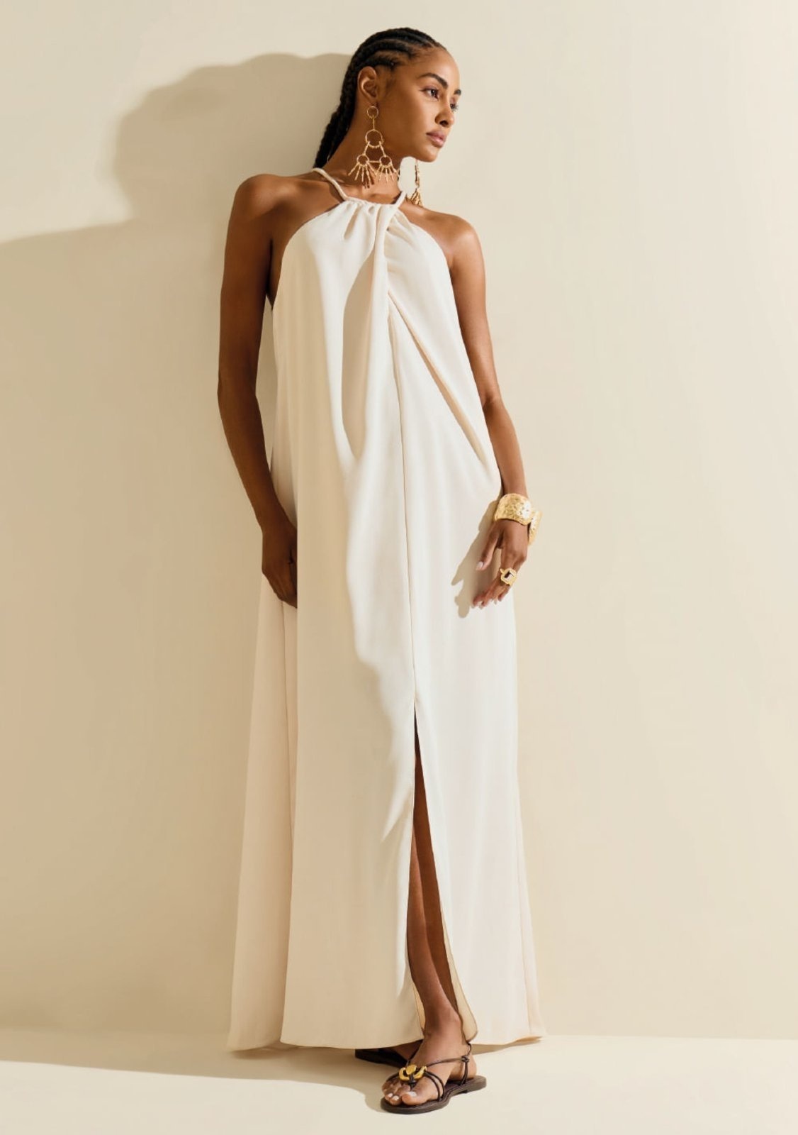 Imagem principal Vestido Morena Rosa Ajustado Decote V Sem Manga Midi Bege Morena Rosa bege rosa