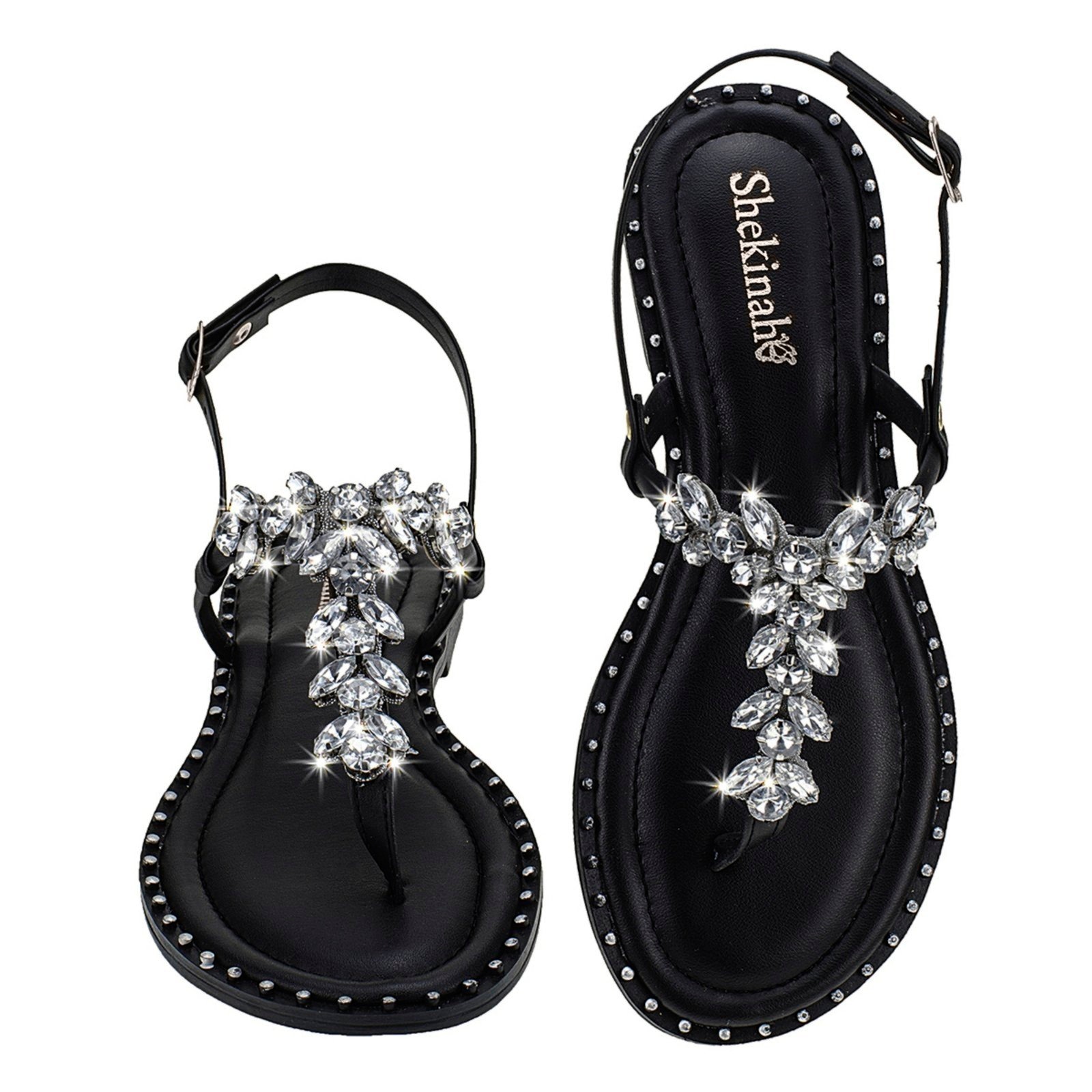 Imagem principal Sandália Feminina Rasteira Rasteirinha Shekinah Pedraria Brilho Brilhante Sola Tachas Confortável Leve Moda Shekinah preto