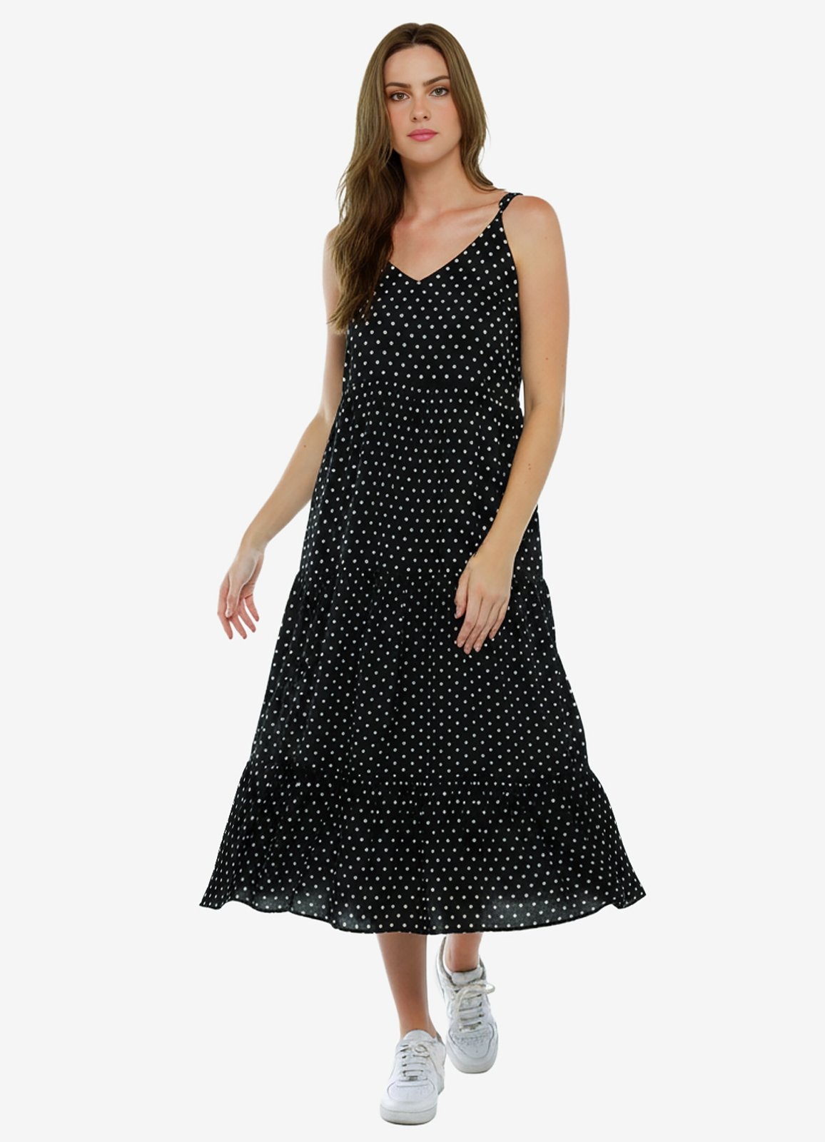 Imagem principal Vestido Longo de Bolinhas Brancas Poá em Viscose SOB preto