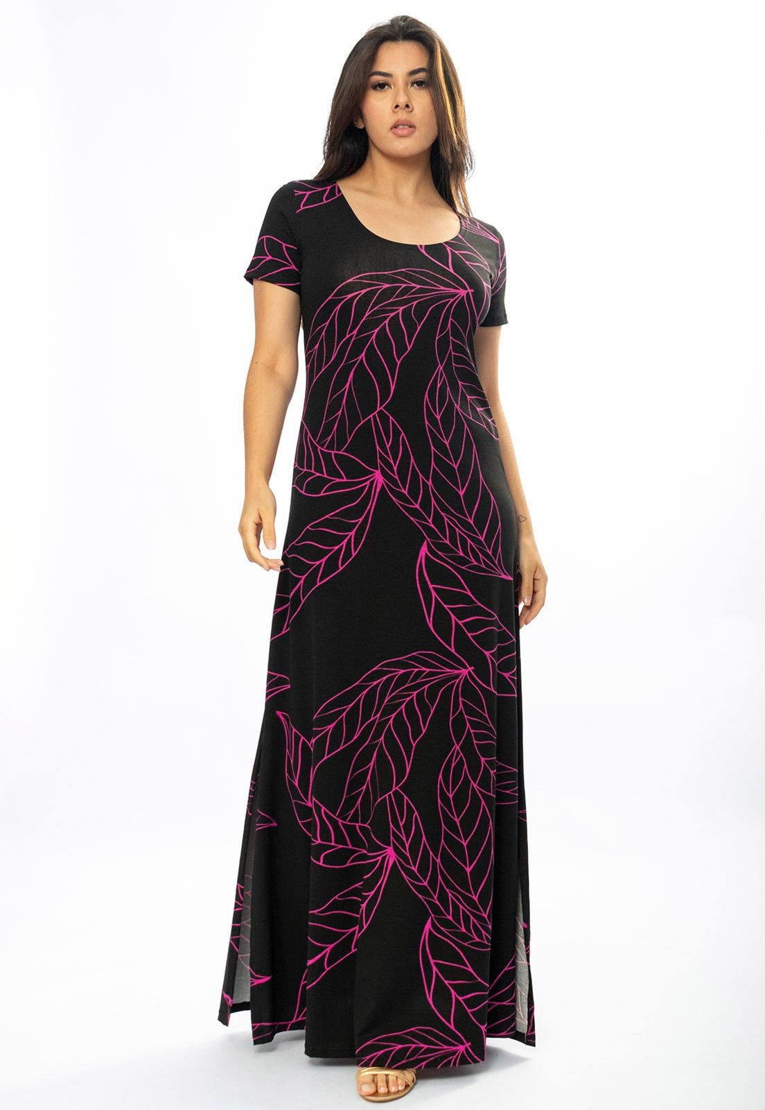 Imagem principal Vestido Longo Cabanafree Malha Gola Canoa Manga Curta Estampa Antúrios Cabanafree estampado/lilás/pink