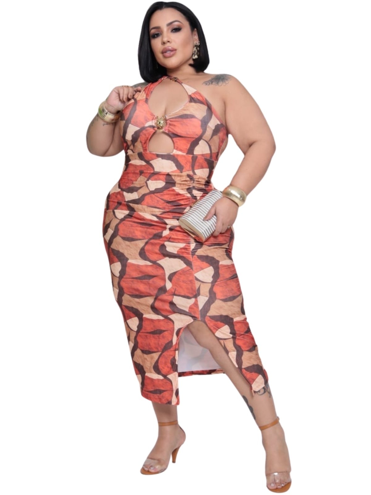 Imagem principal Vestido Summer Body Plus Midi Sexy Elegante e Argola Dourada Summer Body branco/estampado/laranja