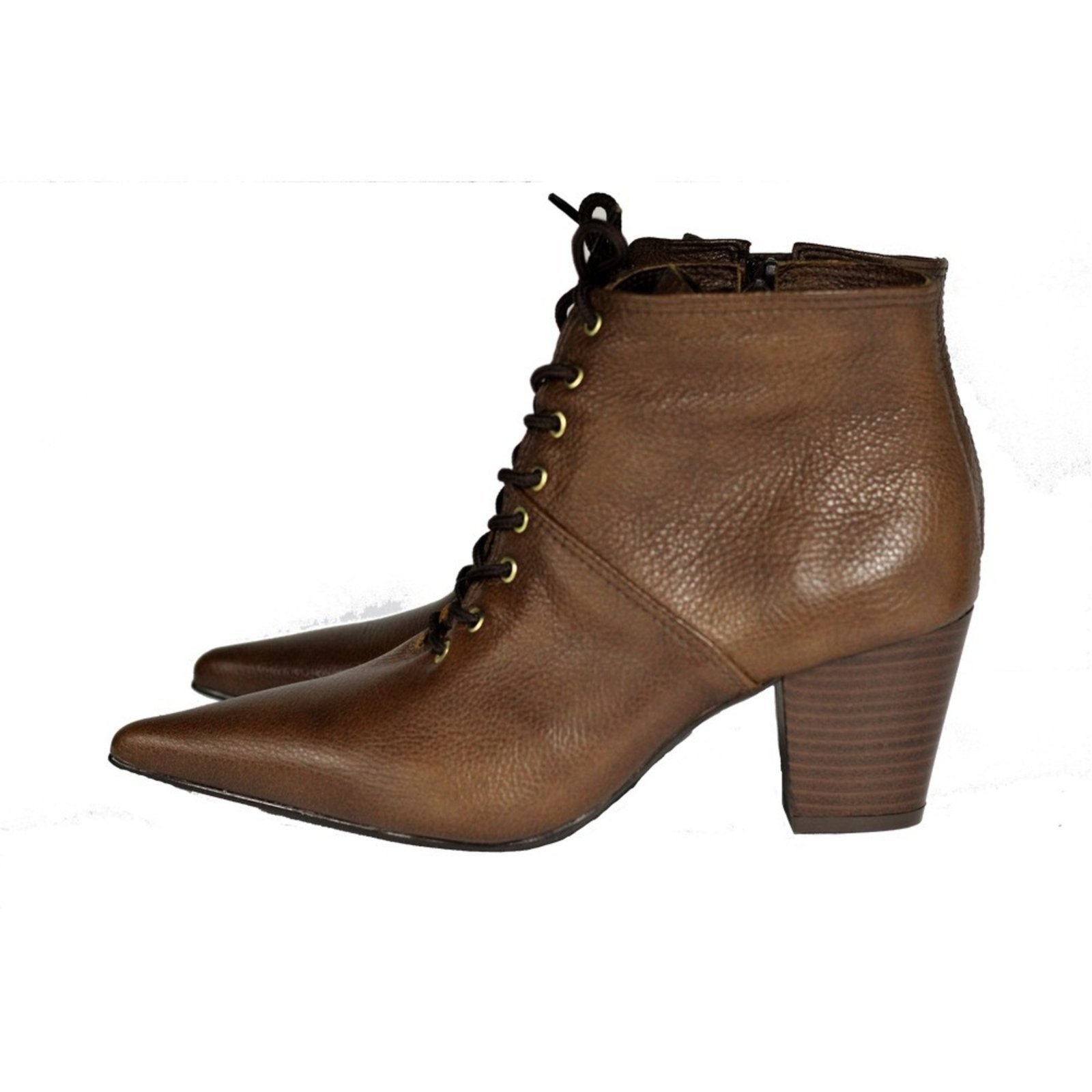 Imagem principal Bota Feminina com Cadarço Bico Fino Cano Curto Couro Salto 6 cm Camel Spinelli caramelo
