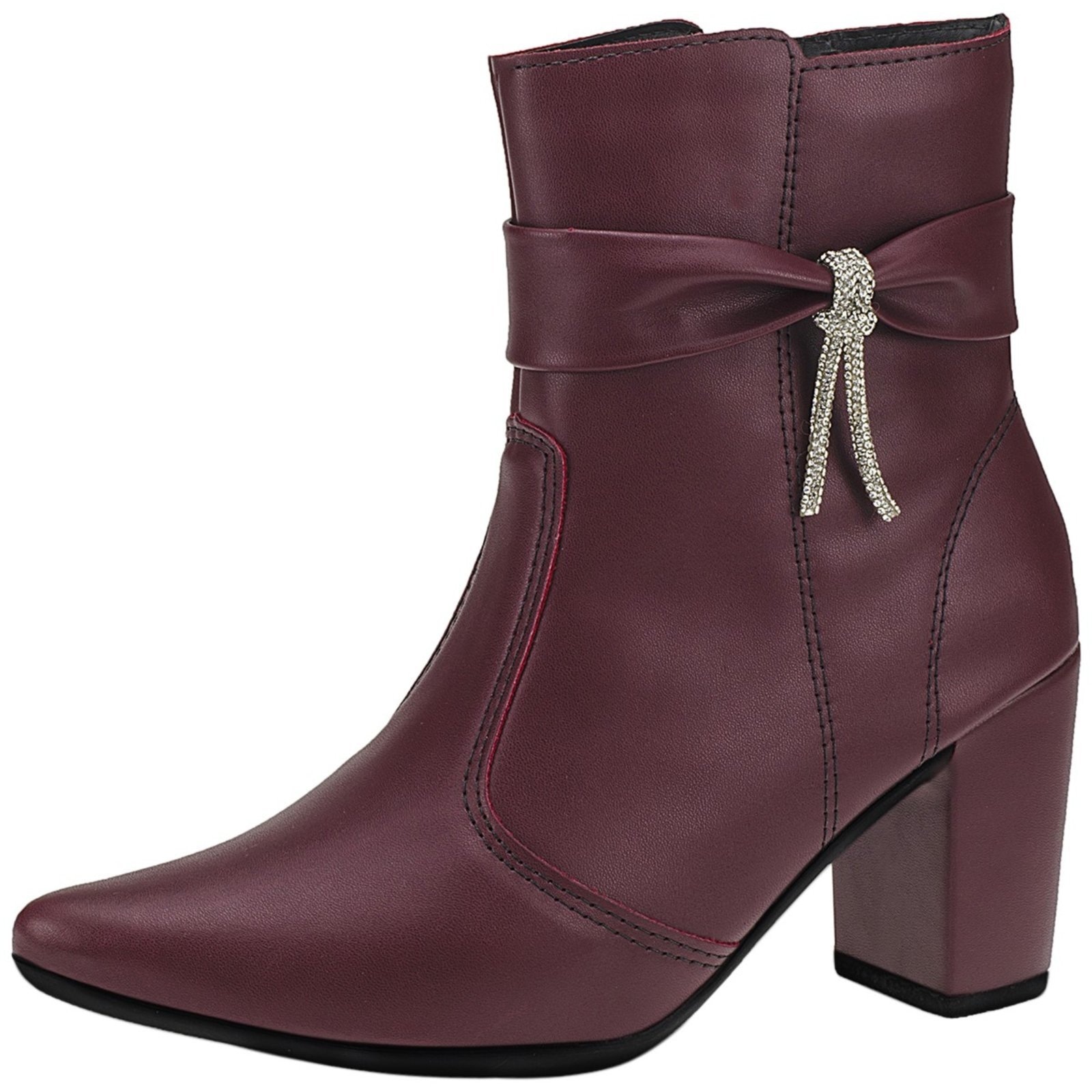 Imagem principal Bota Feminina Lóris Shoes Bico Fino com Zíper Lateral Cano Curto Salto com Acessório Lacinho 204 Marsala LÓRIS SHOES bordô/vinho