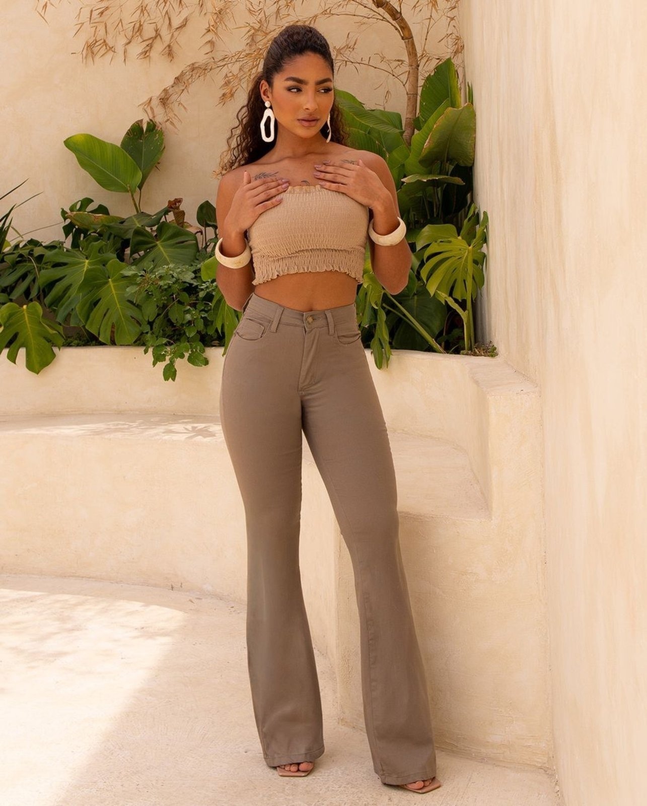 Imagem principal Calça Sarja Feminina Flare Cintura Alta 25098 Caqui Consciência cáqui caqui