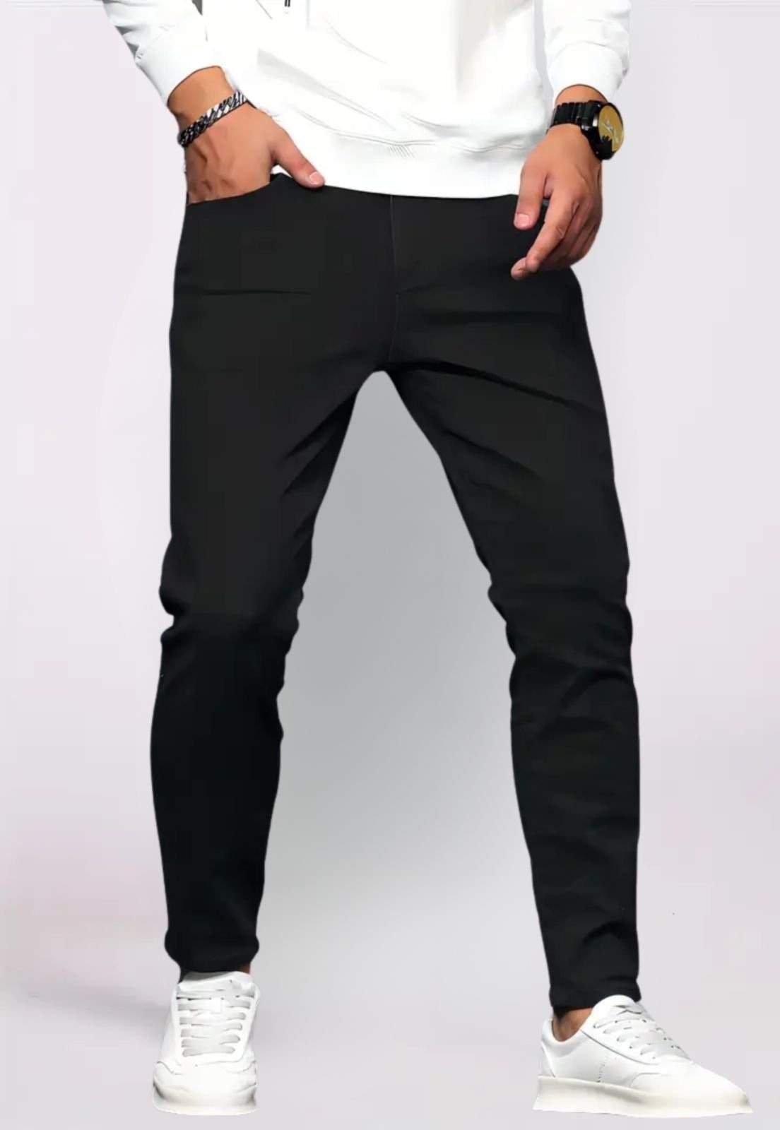 Imagem principal Calça Masculina Tempo Hábil Sarja Alfaiatada Skinny com Elastano Preta 5 Estilo preto/vinho