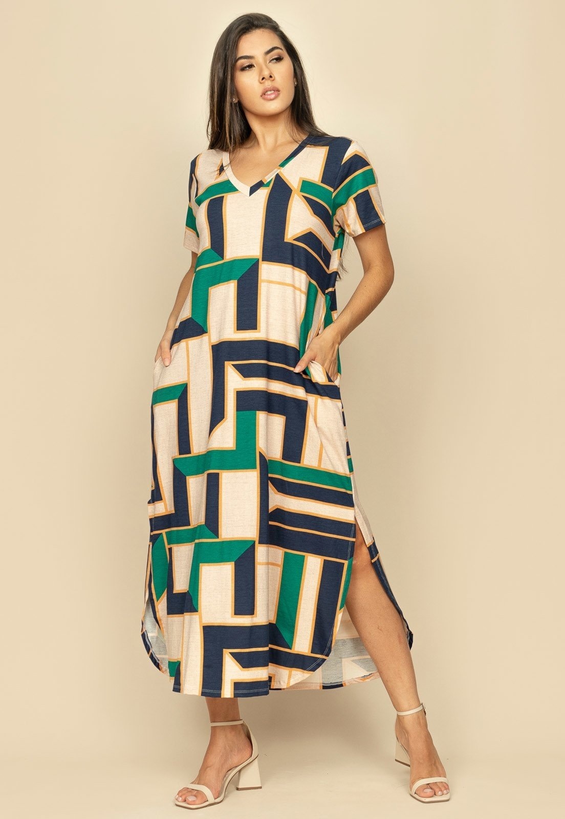 Imagem principal Vestido Midi Abapã Malha com Bolso Estampa Chapada de Areia Cabanafree bege/estampado/multicolorido