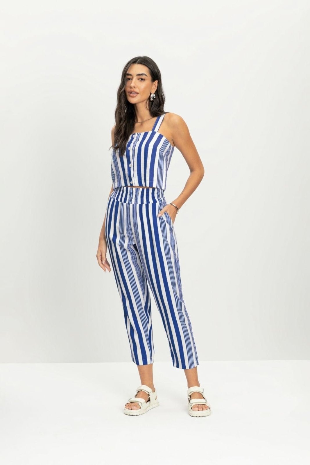 Imagem principal Calça feminina alfaiataria listrada Essendi Essendi azul