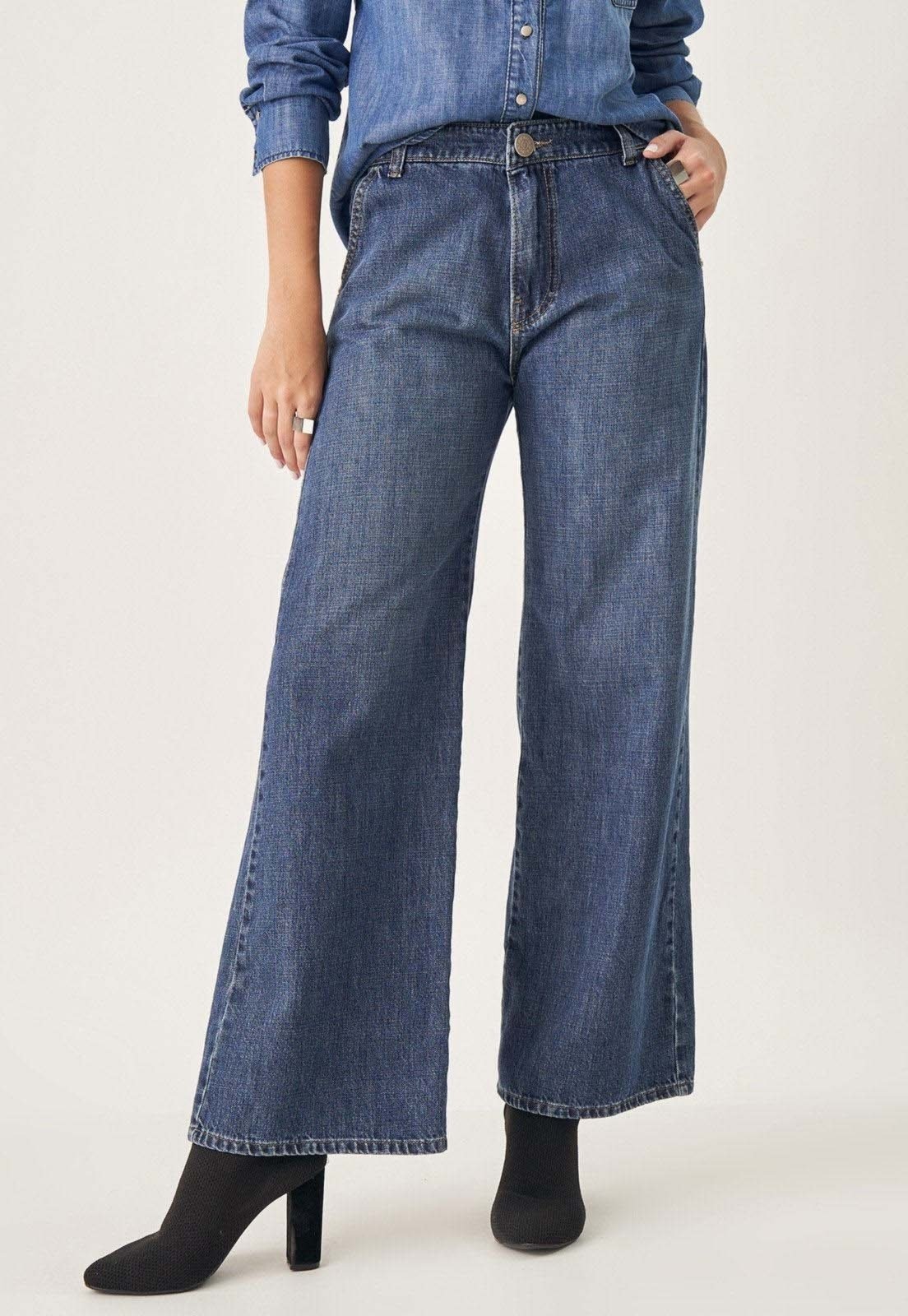 Imagem principal Calça Jeans Wide Bolso-Faca Elástico Cintura Atrás Azul Médio Bloom jeans azul