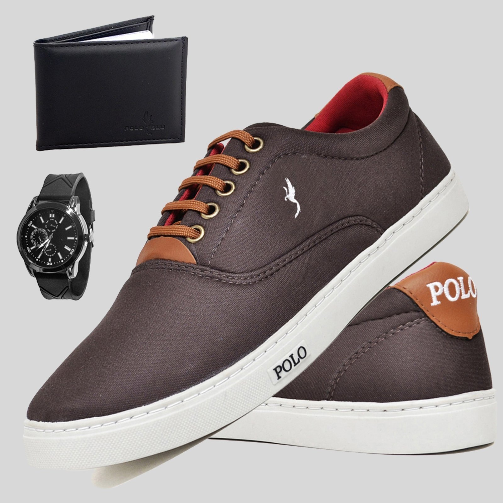 Imagem principal Sapatênis Casual Masculino Cano Baixo Kit Relógio e Carteira Polo Blu Marrom Polo Blu café blu