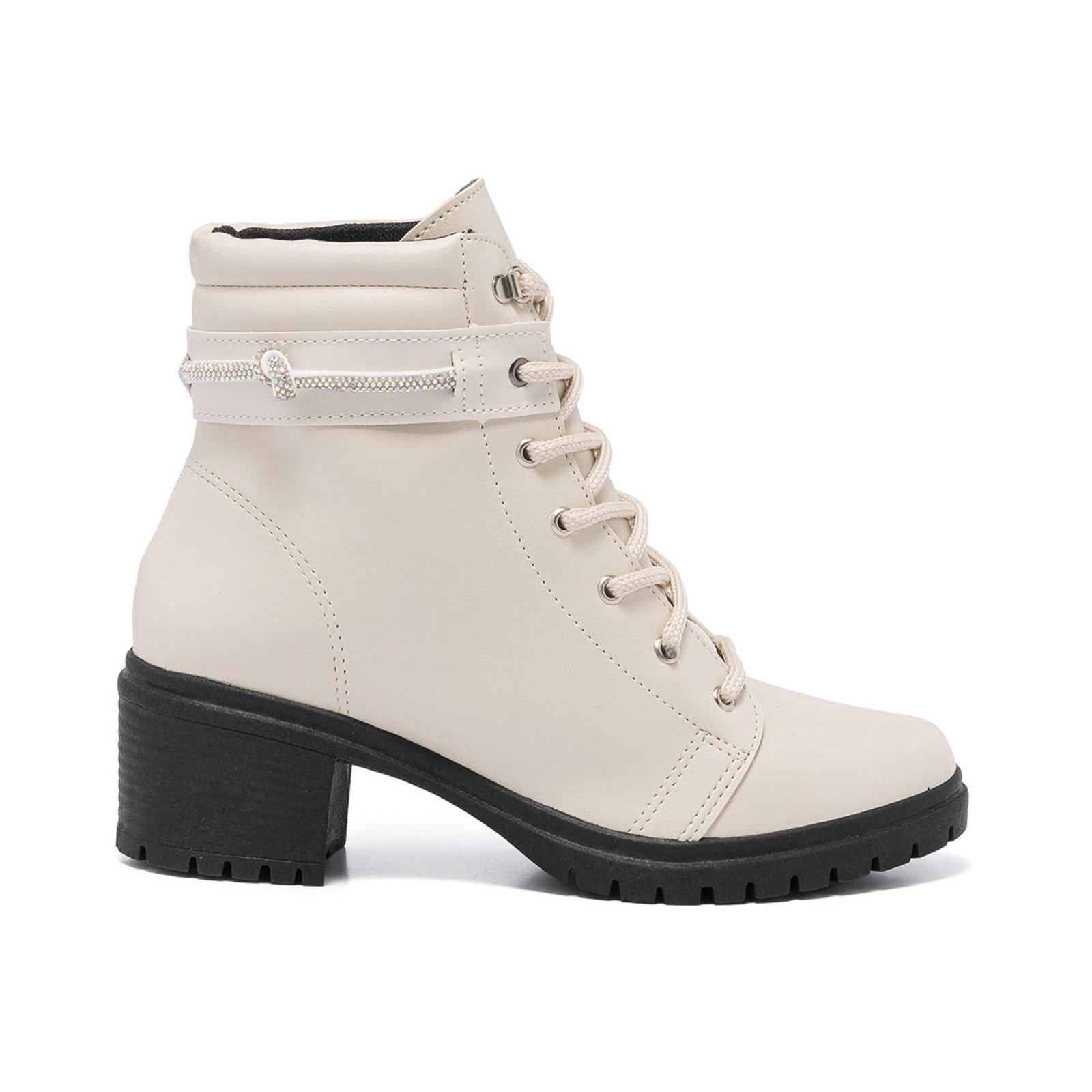 Imagem principal Bota Coturno Feminina Cano Baixo Tratorada Off White Confort Strass Stessy Shoes off-white white