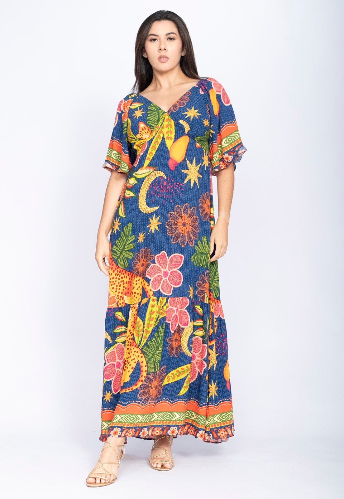 Imagem principal Vestido Amazonia Vital Longo Babado Gola V Jaguá Amazonia Vital azul/estampado