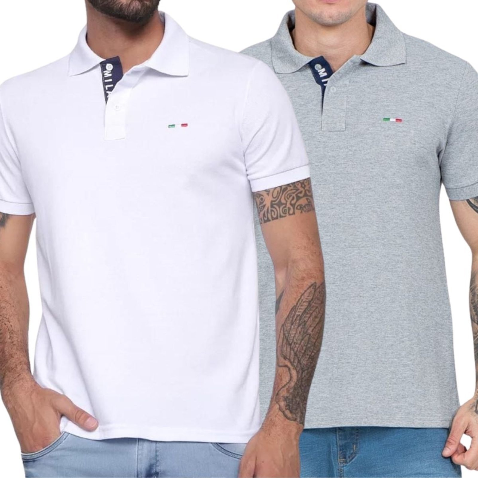 Imagem principal Kit 2 Polos FMF Masculina Básicas Piquet no Estilo Tommy Bordado Itália Branca Cinza FMF branco
