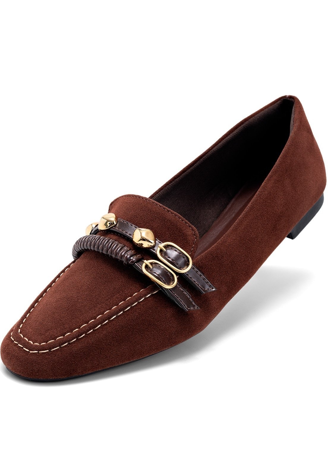 Imagem principal Mocassim Feminino Lumiss Camurça Baixo Bico Redondo Enfeite Metalizado Confortável LUMISS marrom