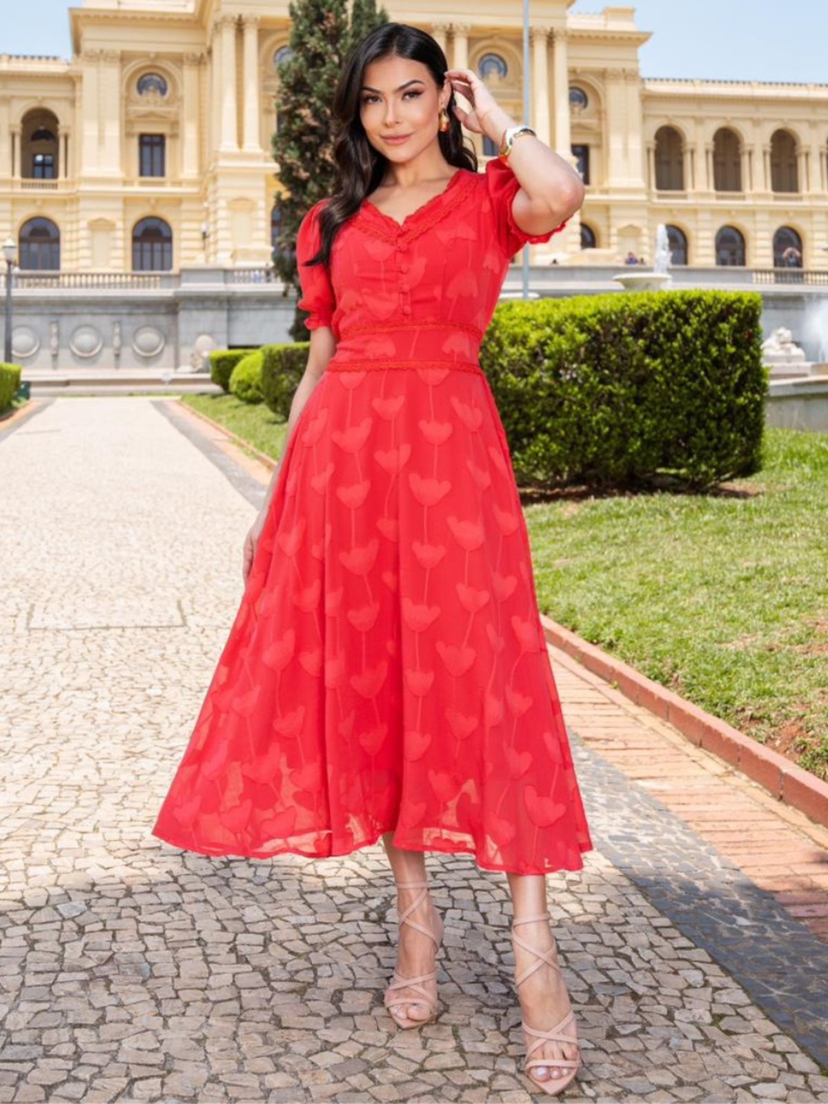 Imagem principal Vestido Midi de Festa Decote V Manga Princesa com Botão Elegante Soltinho Sarah Cristina Brand verde