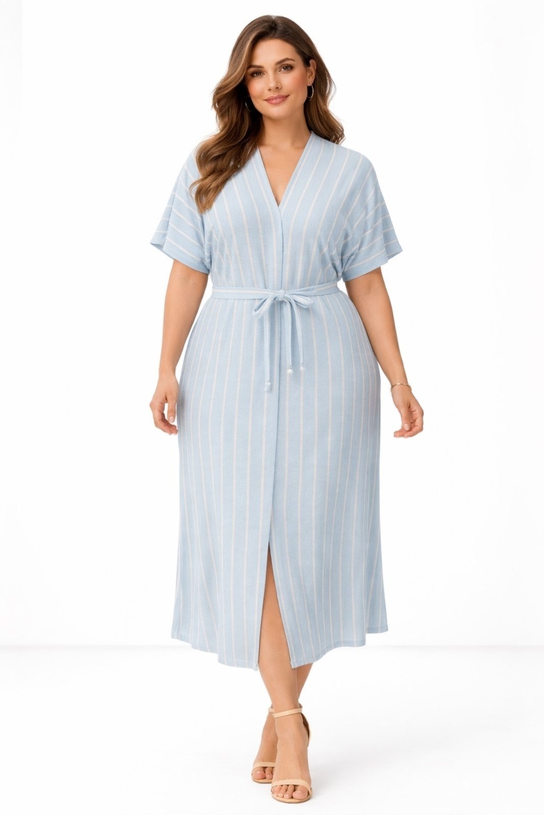 Imagem principal Vestido Midi Listrado Plus Size com Bolsos e Amarração Summer Body azul