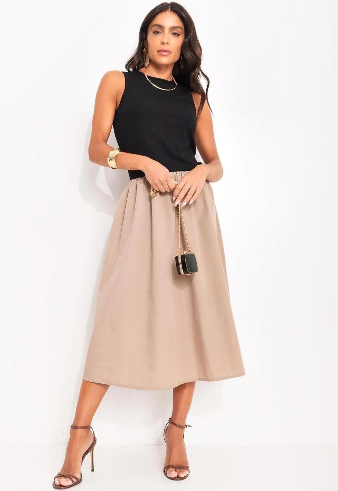 Imagem principal Vestido Em Tricoline Caqui Quintess bege caqui