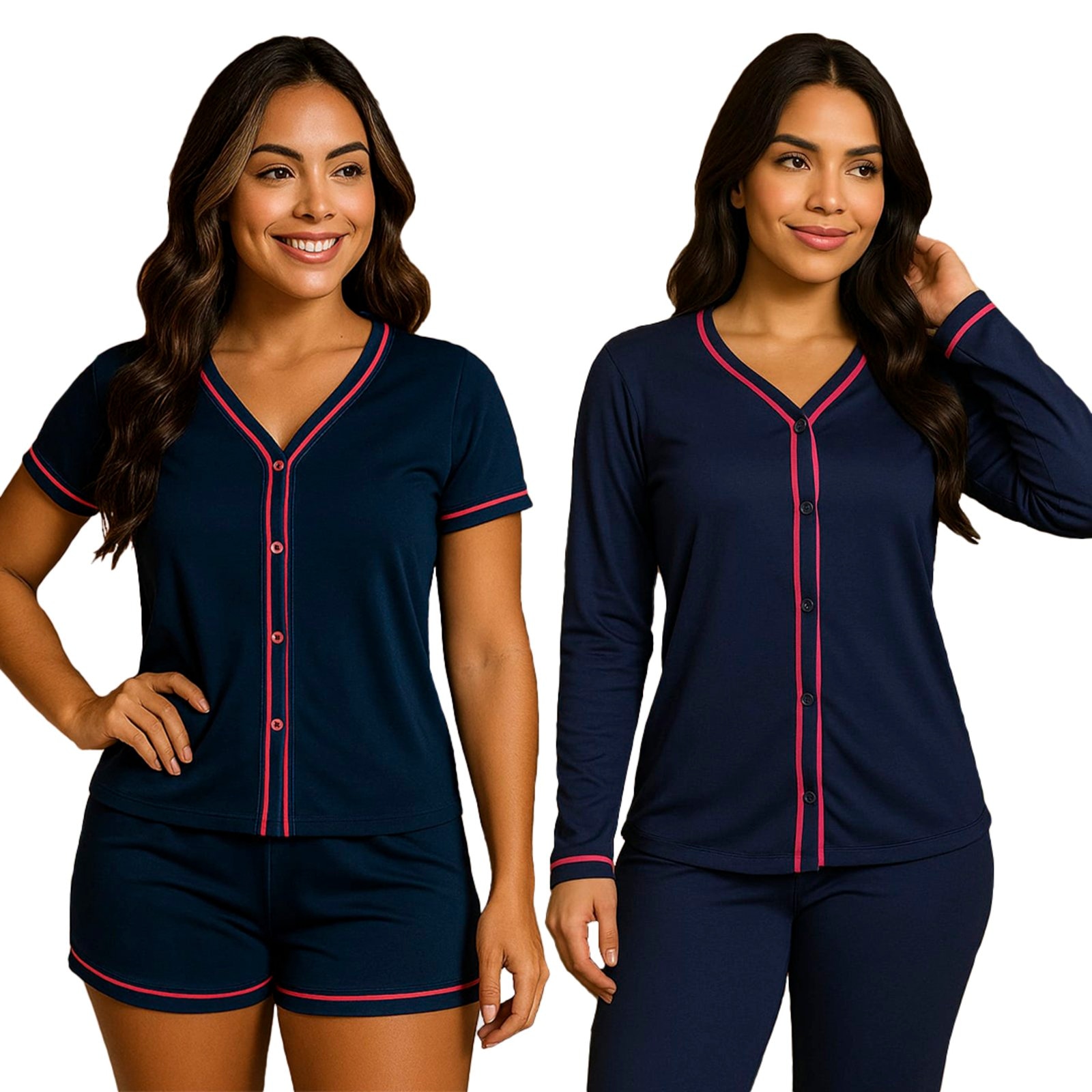 Imagem principal Kit 2 Pijamas Gabi Lingerie Estilo Blogueira Manga Curta e Manga Comprida Modelagem Perfeita Elegante Moda Feminina Marinho Gabi Lingerie azul/azul marinho