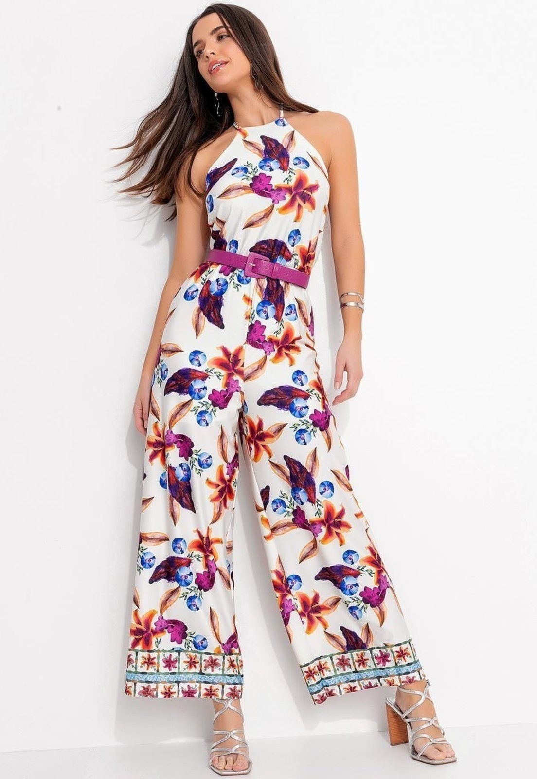 Imagem principal Macacão Em Malha Fria Barrado Floral Quintess bege