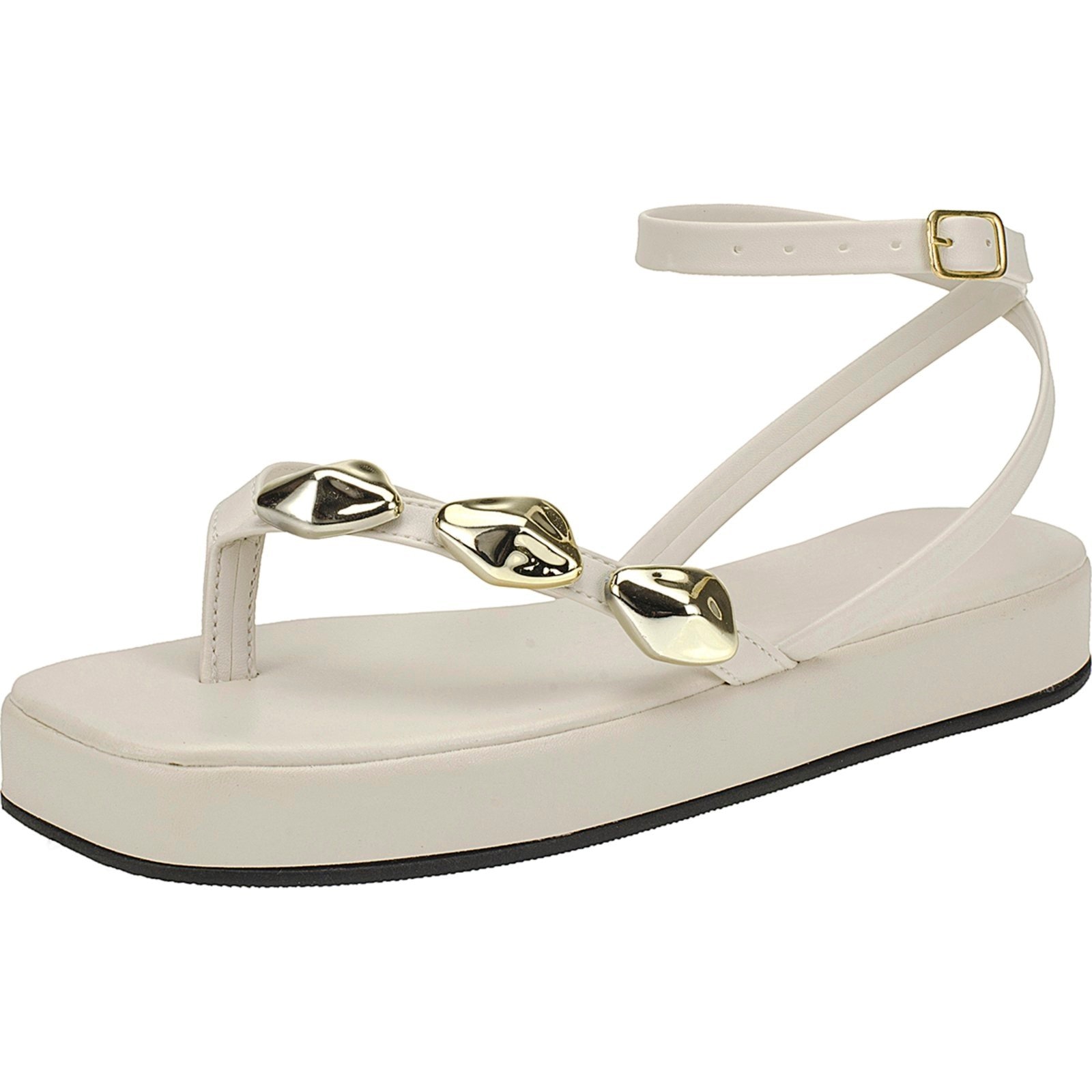 Imagem principal Sandália Rasteira Feminina com Pedrarias Douradas e Plataforma Off White CIA DOS PASSOS off-white white