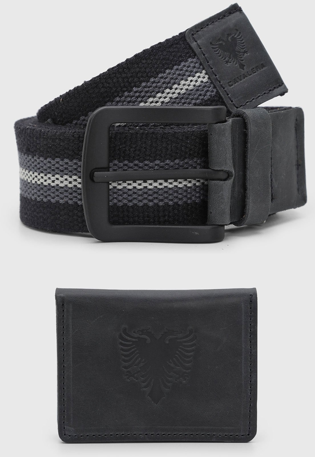Imagem principal Kit Cinto Masculino Cavalera Listrado Cinza/Branco + Carteira Preta Cavalera preto