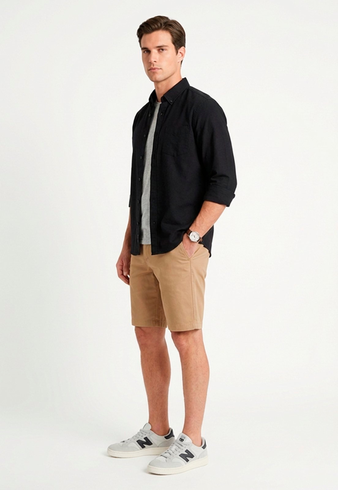 Imagem principal Bermuda Masculina Sarja Reta com Elastano Confortável e Versátil Escuro Macaw bege/castanho/cáqui