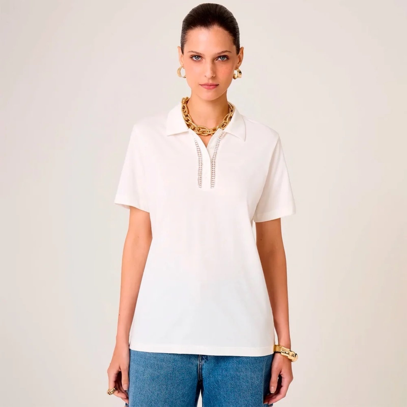 Imagem principal Camisa Polo Dudalina Mariana Ve26 Off White Feminino Dudalina amarelo white