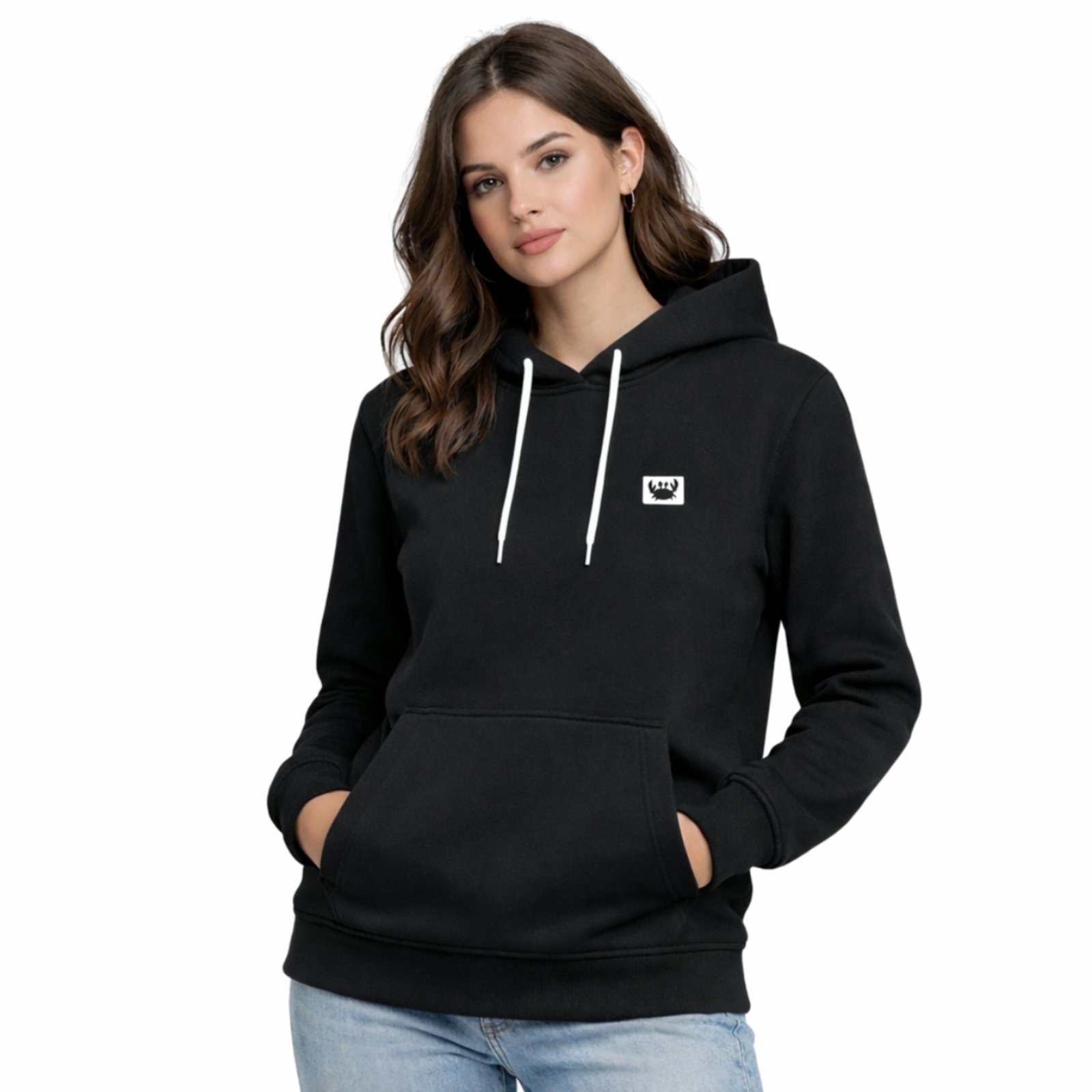 Imagem principal Blusa de Frio Moletom Liso Colorido Feminino Relaxado Com Capuz E Bolso Canguru Relaxado preto